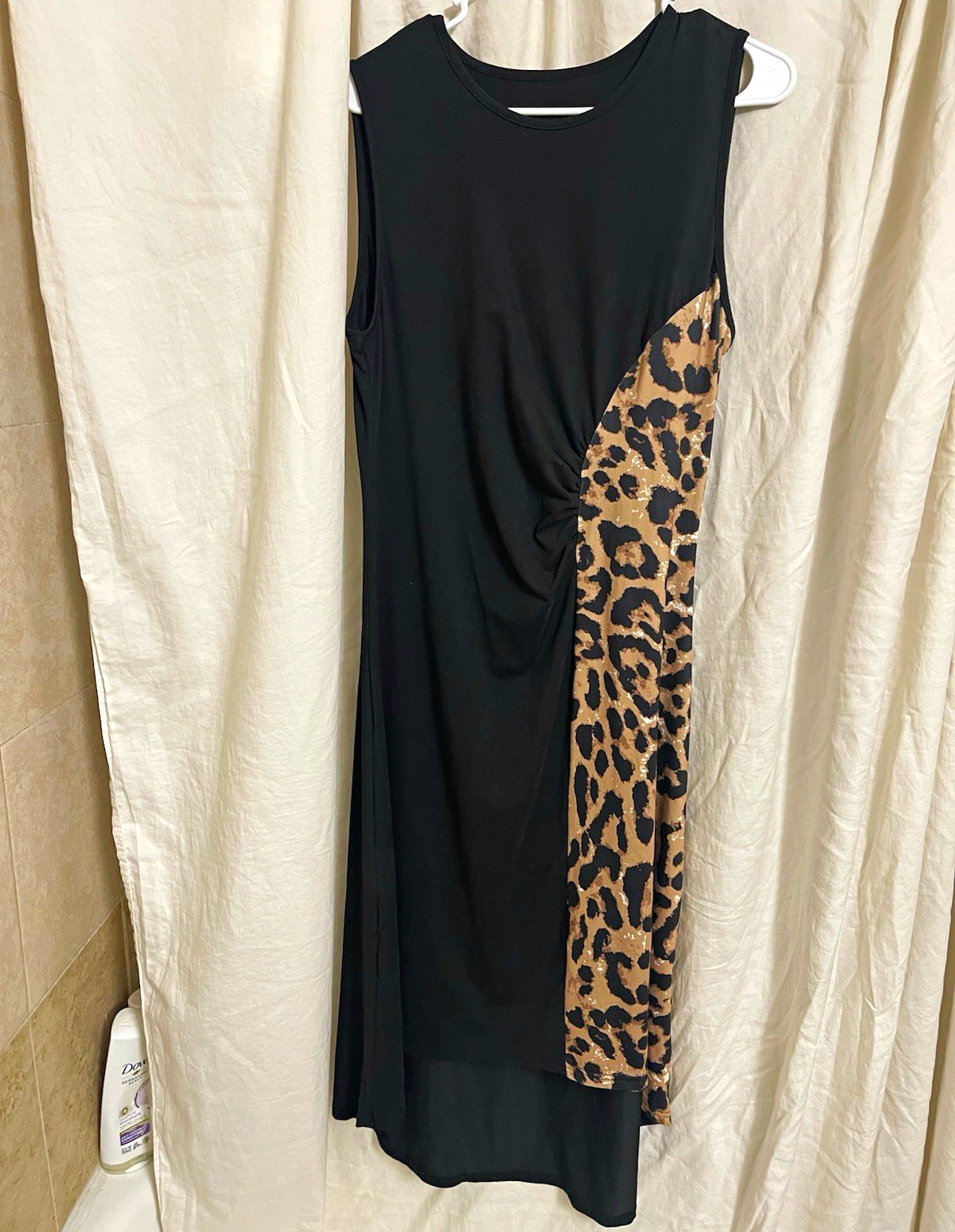 Women’s 2XL Black Ruched Sleeveless Sheath Midi Dress Round Neck Leopard Panel