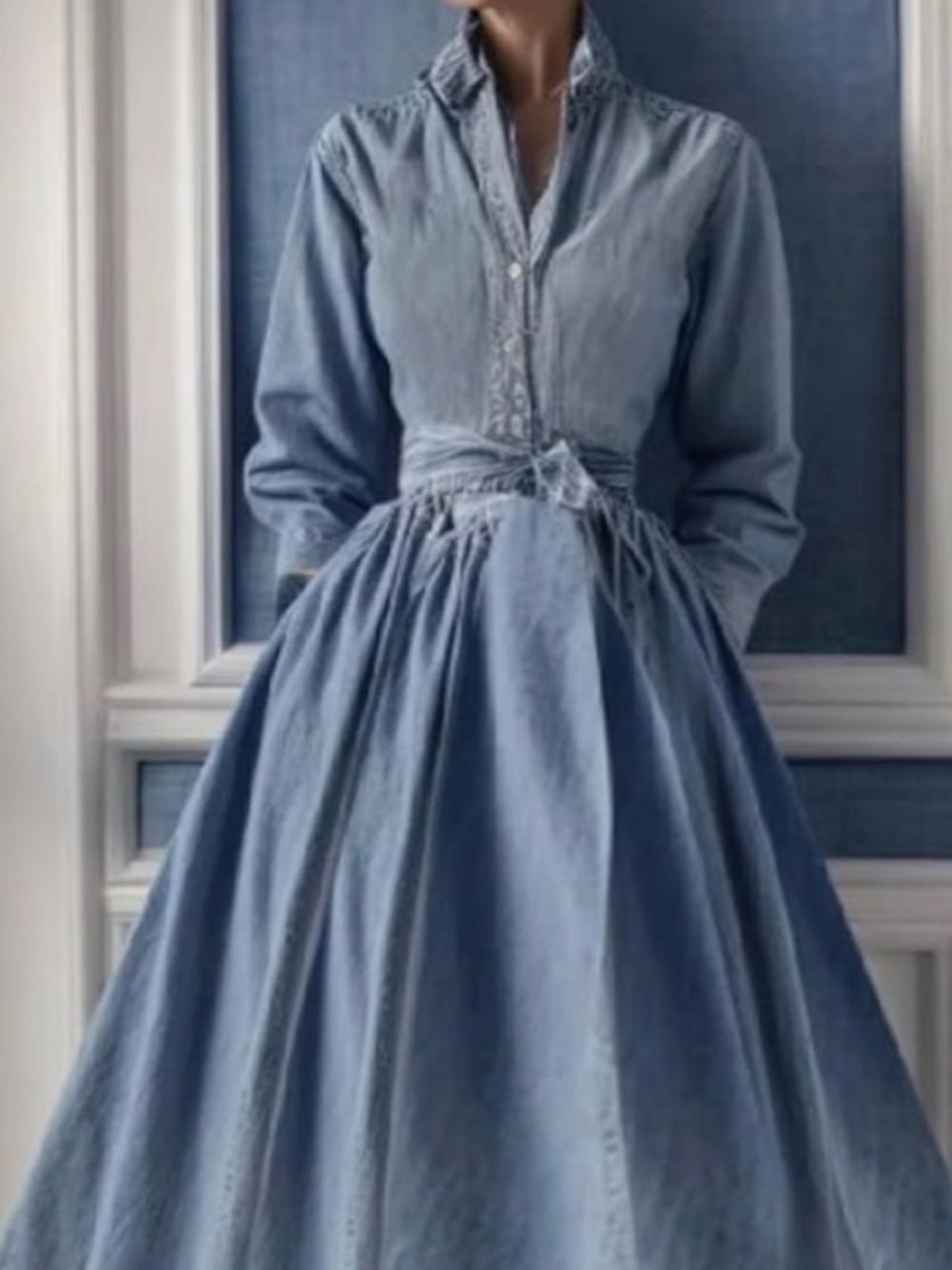 Women’s Denim Aline Maxi Dress with Belt Collared Long Sleeve Button Down Small