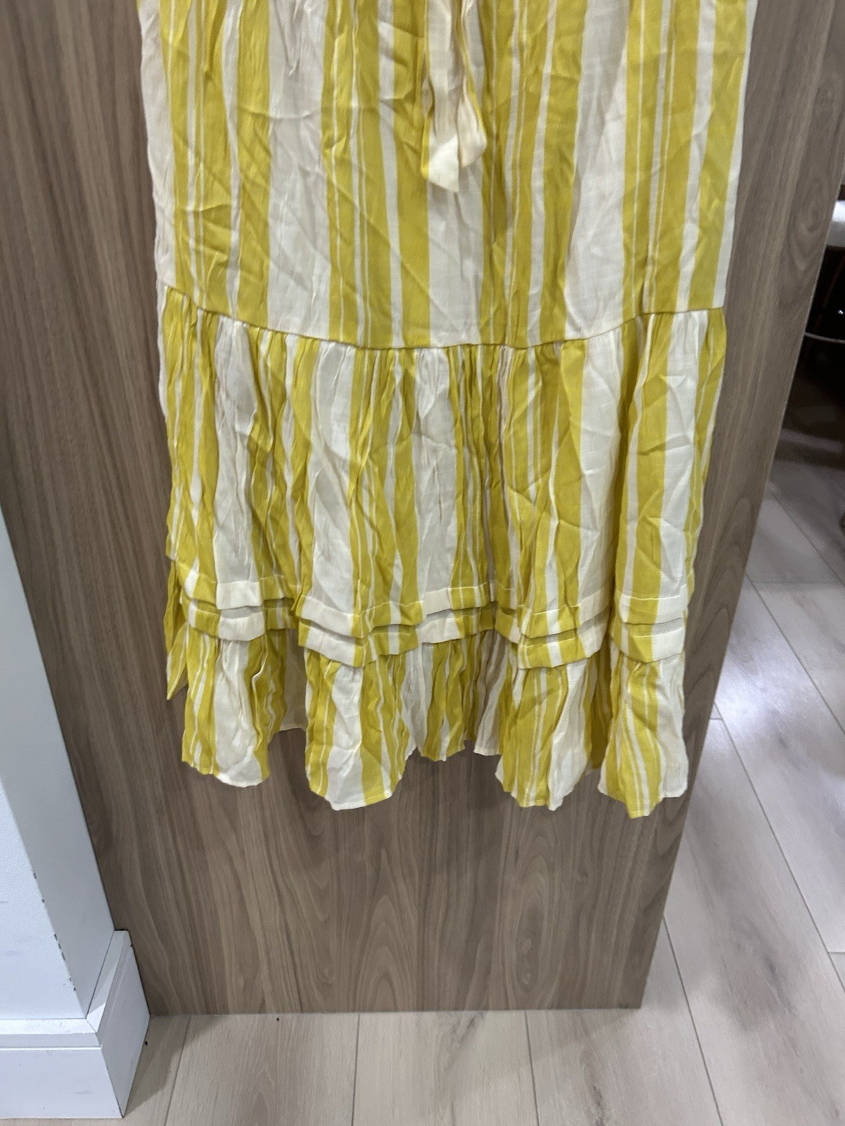 June & Hudson yellow white Ruffle Maxi Tiered Dress Party Vacation Resort Large