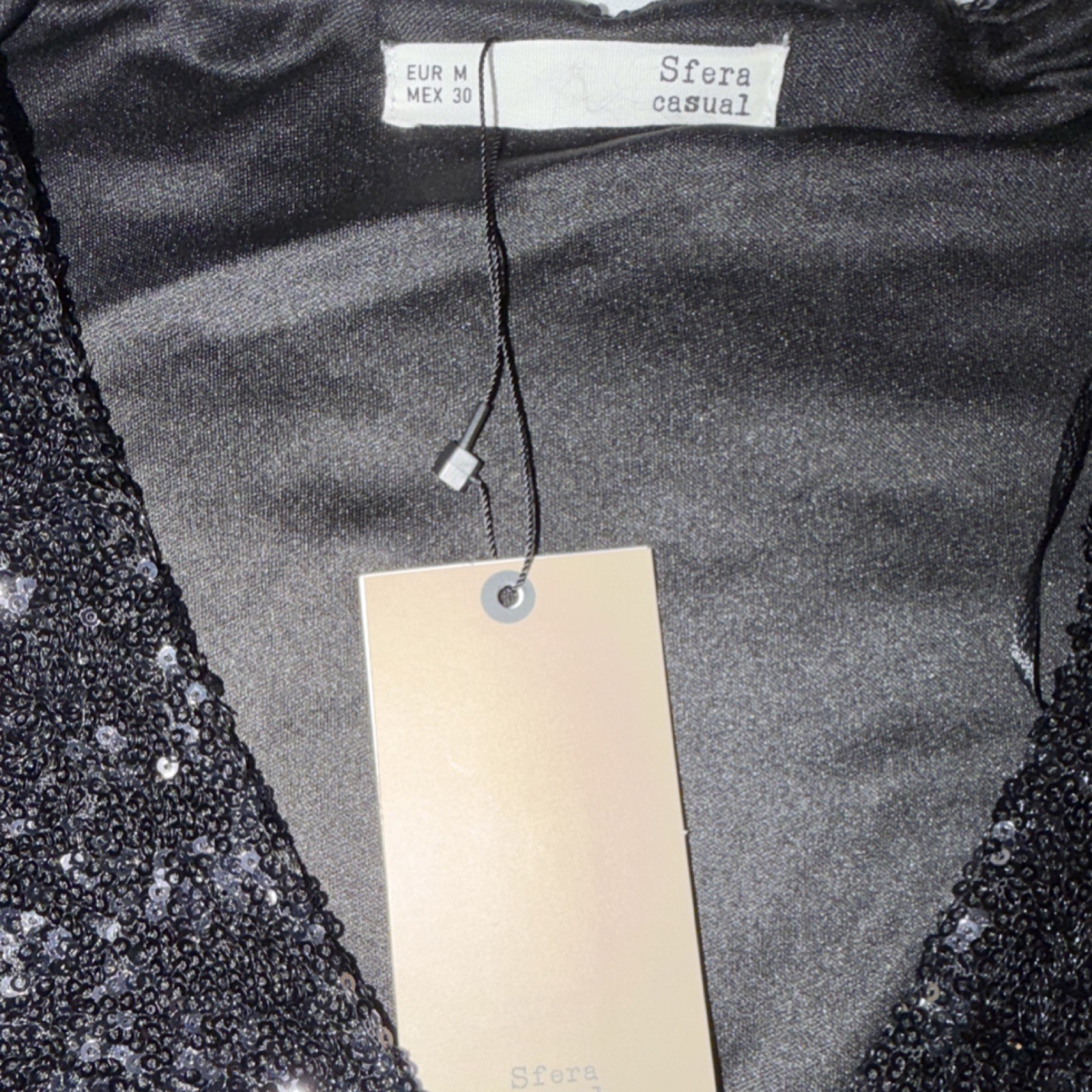 Sfera Black Sequin V-Neck Long Sleeve Bodycon Dress, Short, Size M