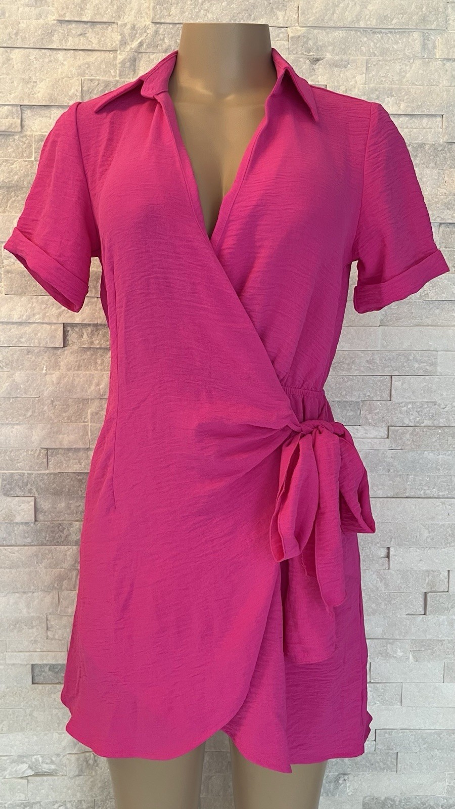 Fuchsia Short Sleeve Frilled Ruffle Side Tie Wrap Dress Size S Fashion nova.