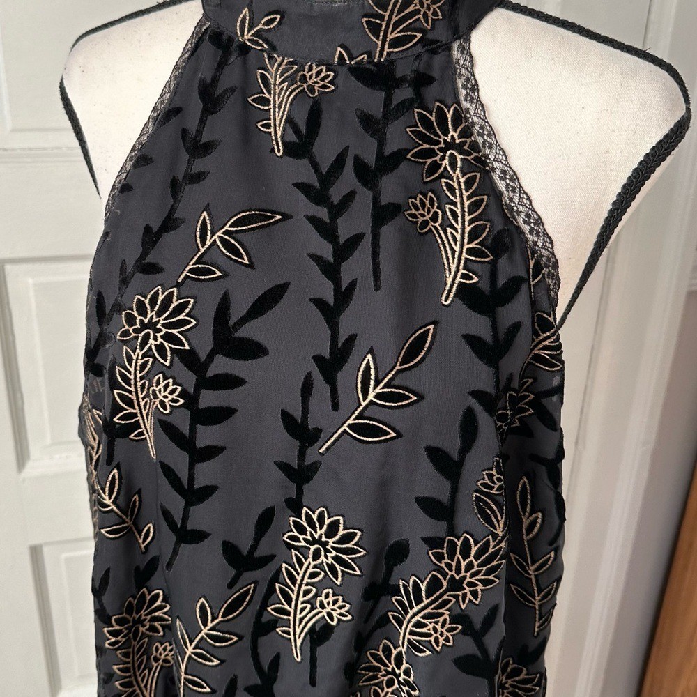 Lost + Wander Merci Gold & Black Velvet Floral Burnout Dress Halter Neckline M