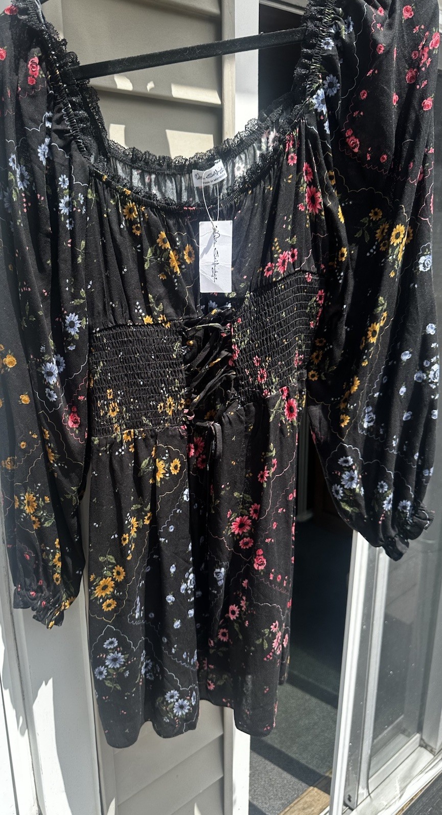 Miss Selfridge NWT Black Floral Dress Lace Up Waist Dark Romantic Size 10