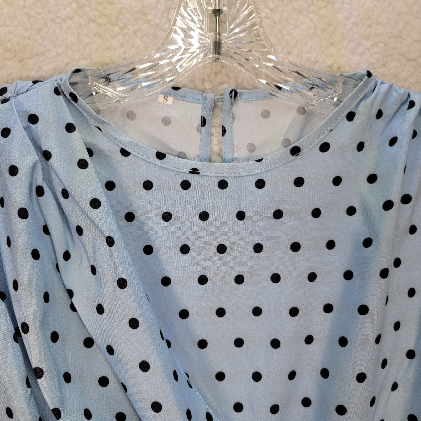 Sky Blue Polka Dot Stretch Pleated Mock Wrap Sheath Elegant Women Dress Size S