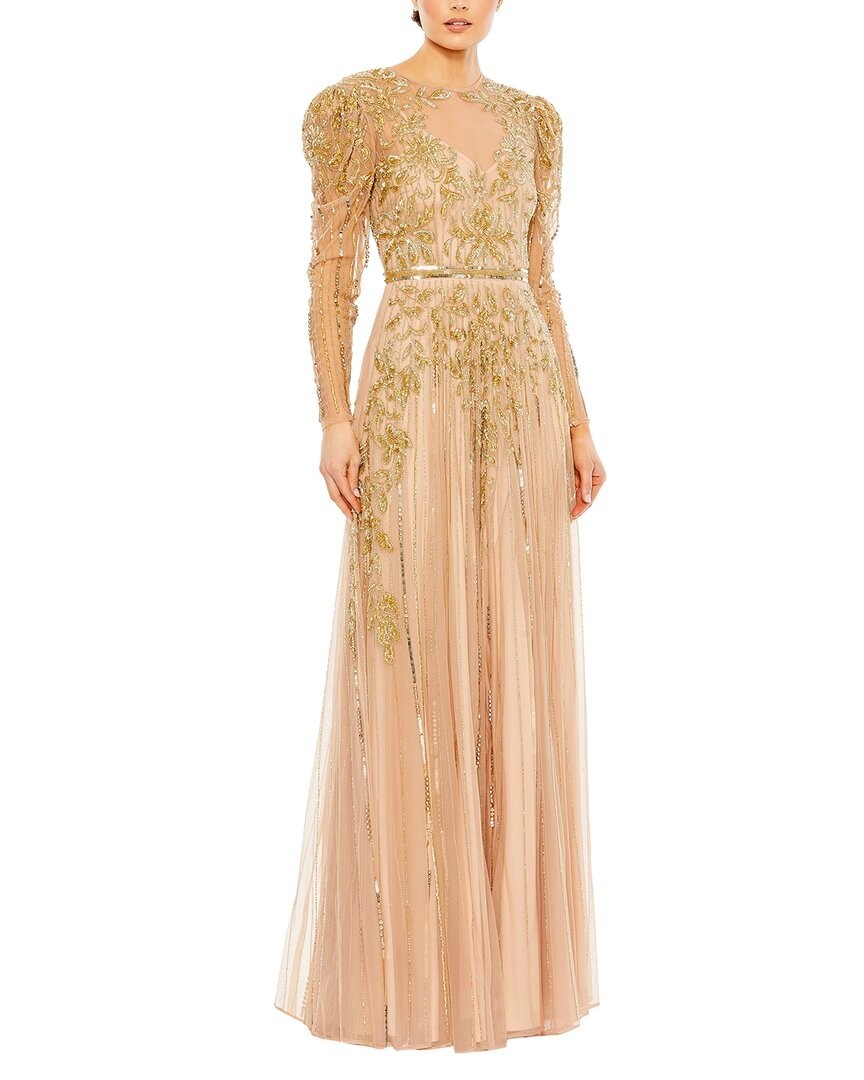 Mac Duggal Nude Beige Gold Beaded Illusion Puff Sleeve Gown Size 18 $598