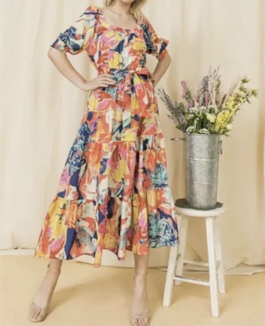 Flying Tomato Woman’s Printed Floral Midi Dress Colorful Retro Size S No Belt