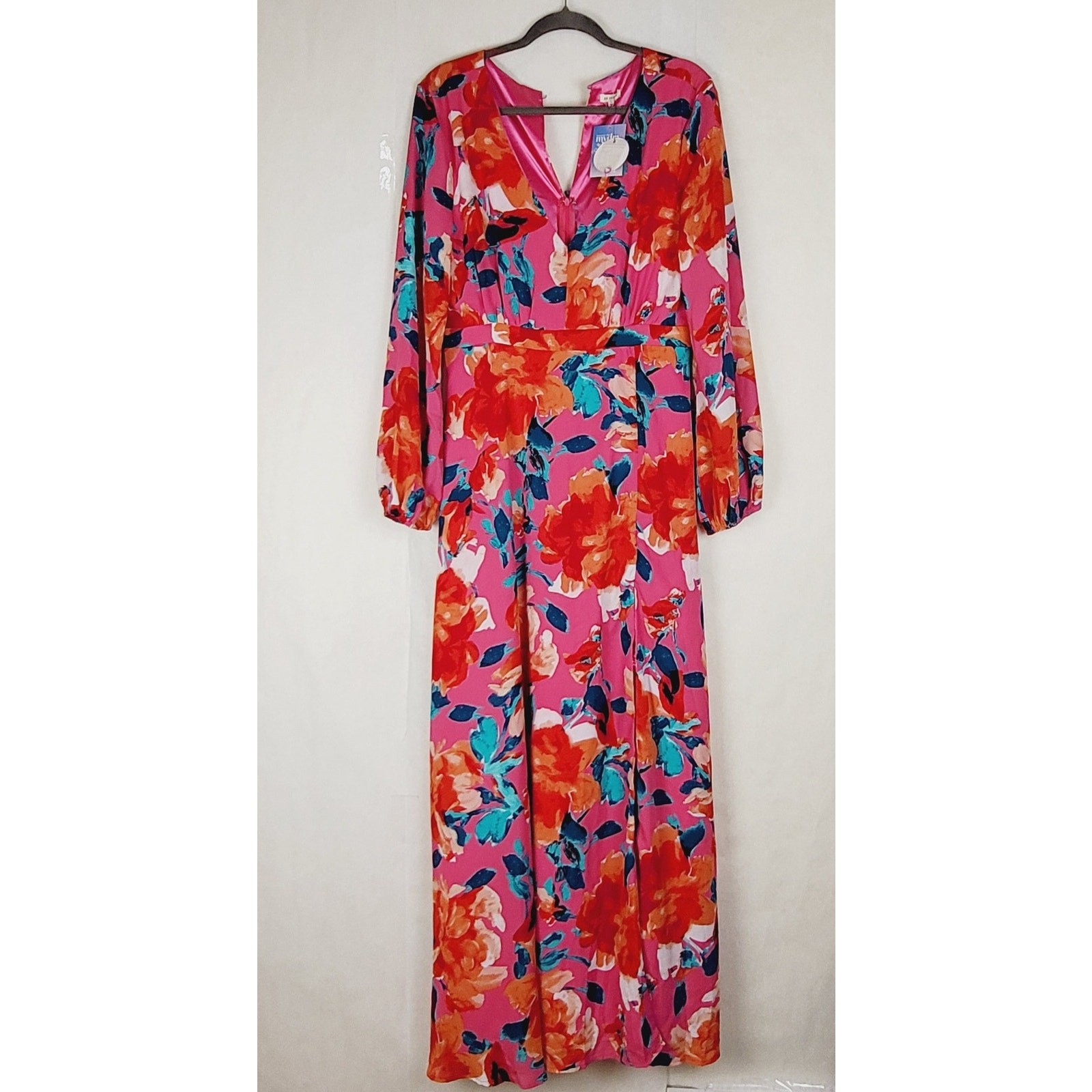 New En Creme Brielle magenta floral long sleeve side slit vneck maxi dress large