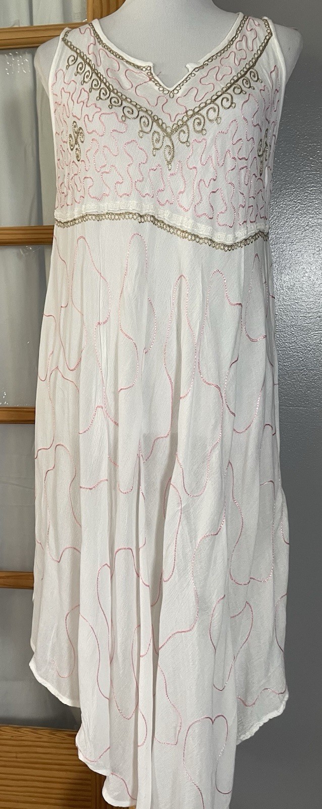 Pink Swirl Embroidery Semi Sheer Dress OS White Rounded Hem Beach Boho Resort