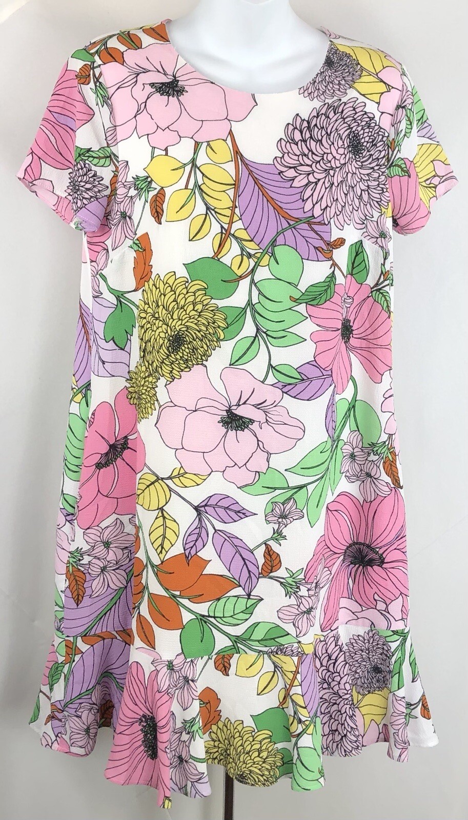Clover & Sloane Midi Dress 8 Pink Floral Drop Waist Ruffle Hem Pockets Art Retro