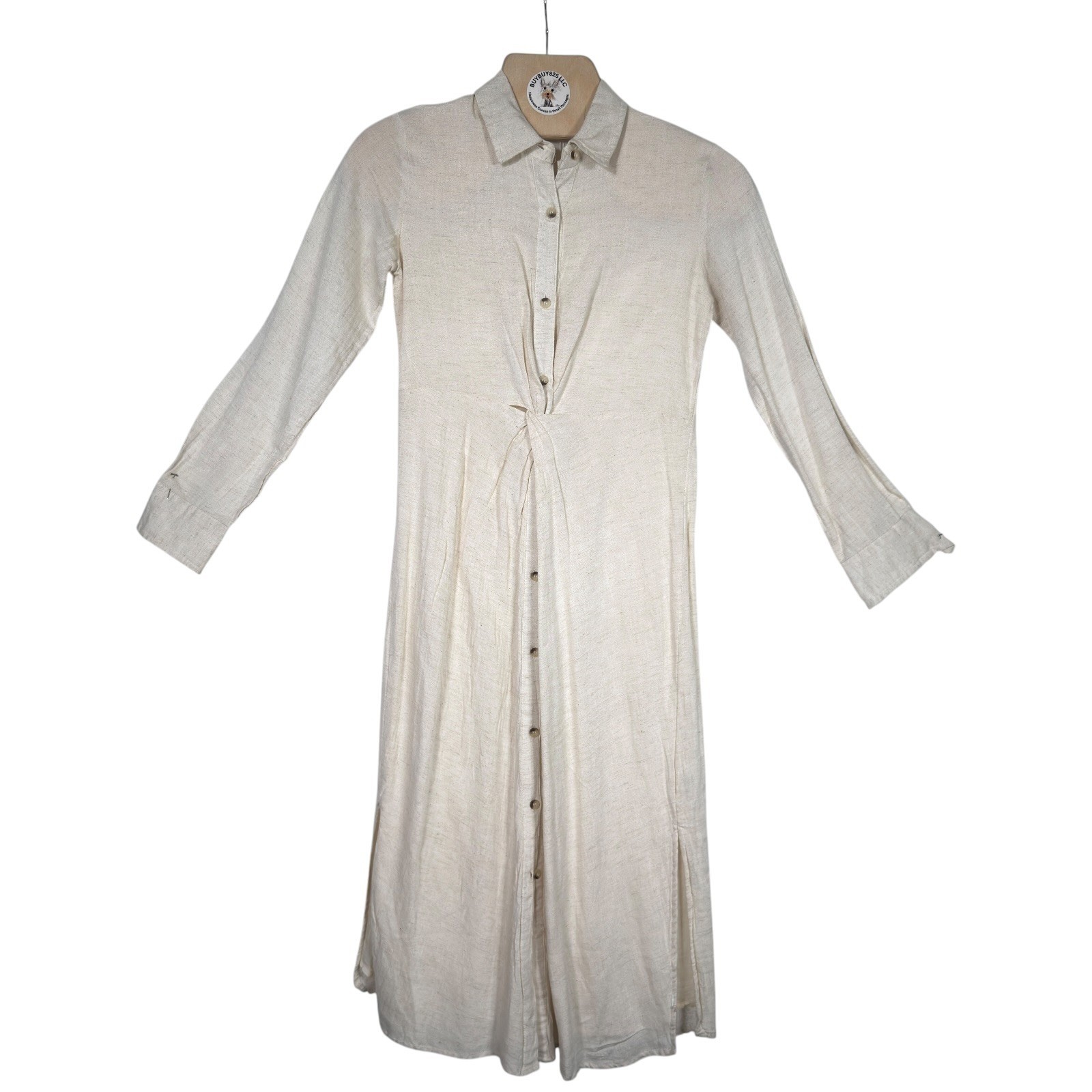Sim & Sam XS Natural Linen Blend Twist Front Shirt Dress Midi Maxi NWT