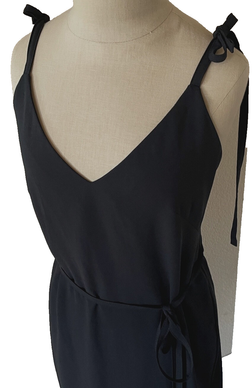 MALIA MILLS Strappy shoulder Bow Ties Belted Sheath Crepe LBD Slip Dress 4 Black