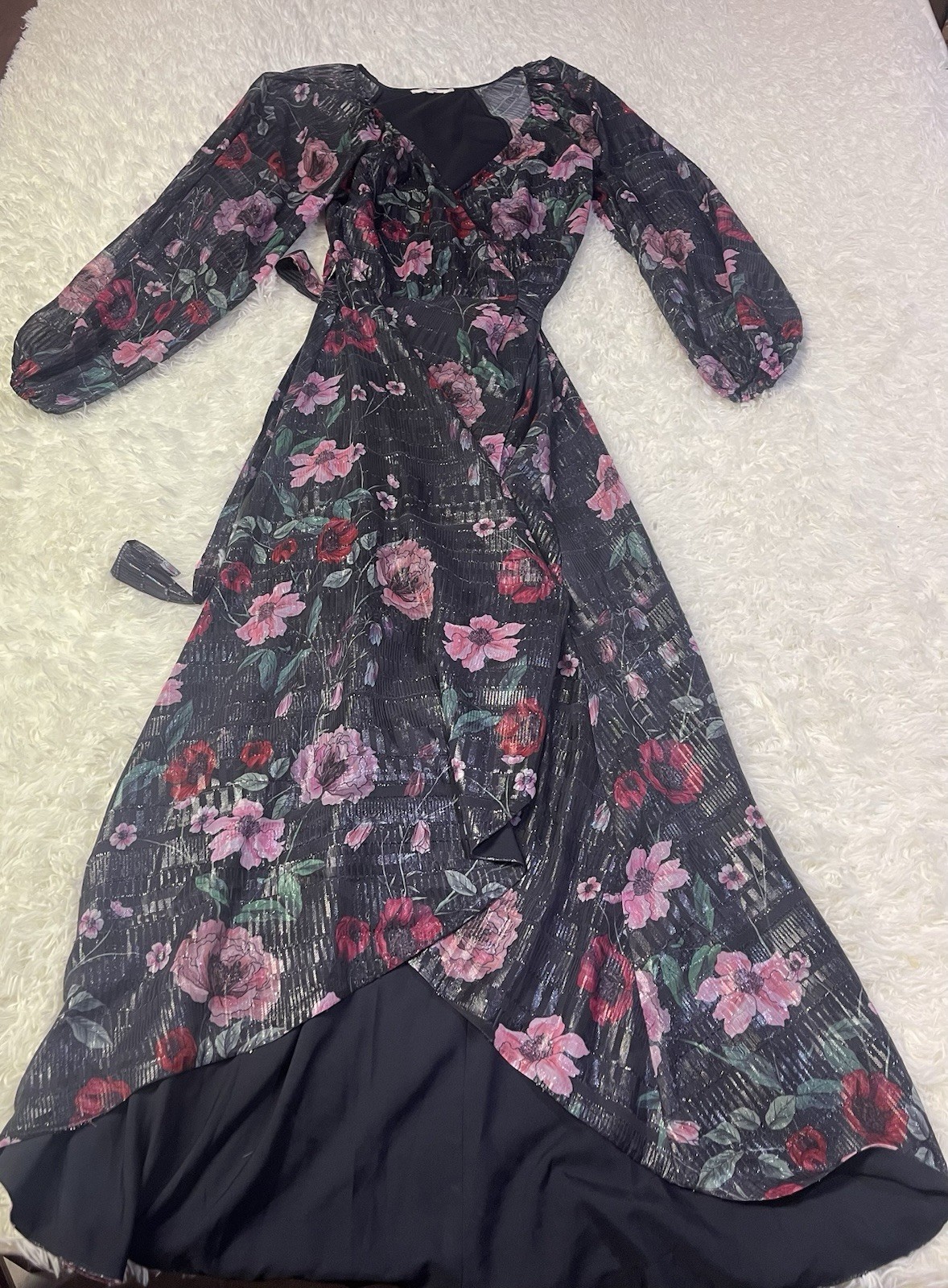Revolve Tularosa Cora Wrap Dress Metallic Gown Black Purple Red Floral Small