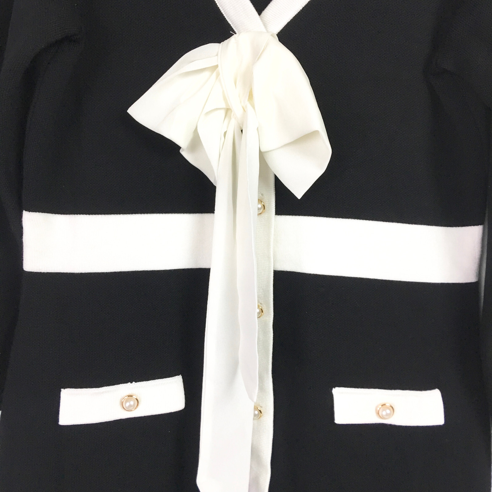 Taylor Womens Large Sweater Dress Bow Front Black Ivory Pearl Button Mini NEW
