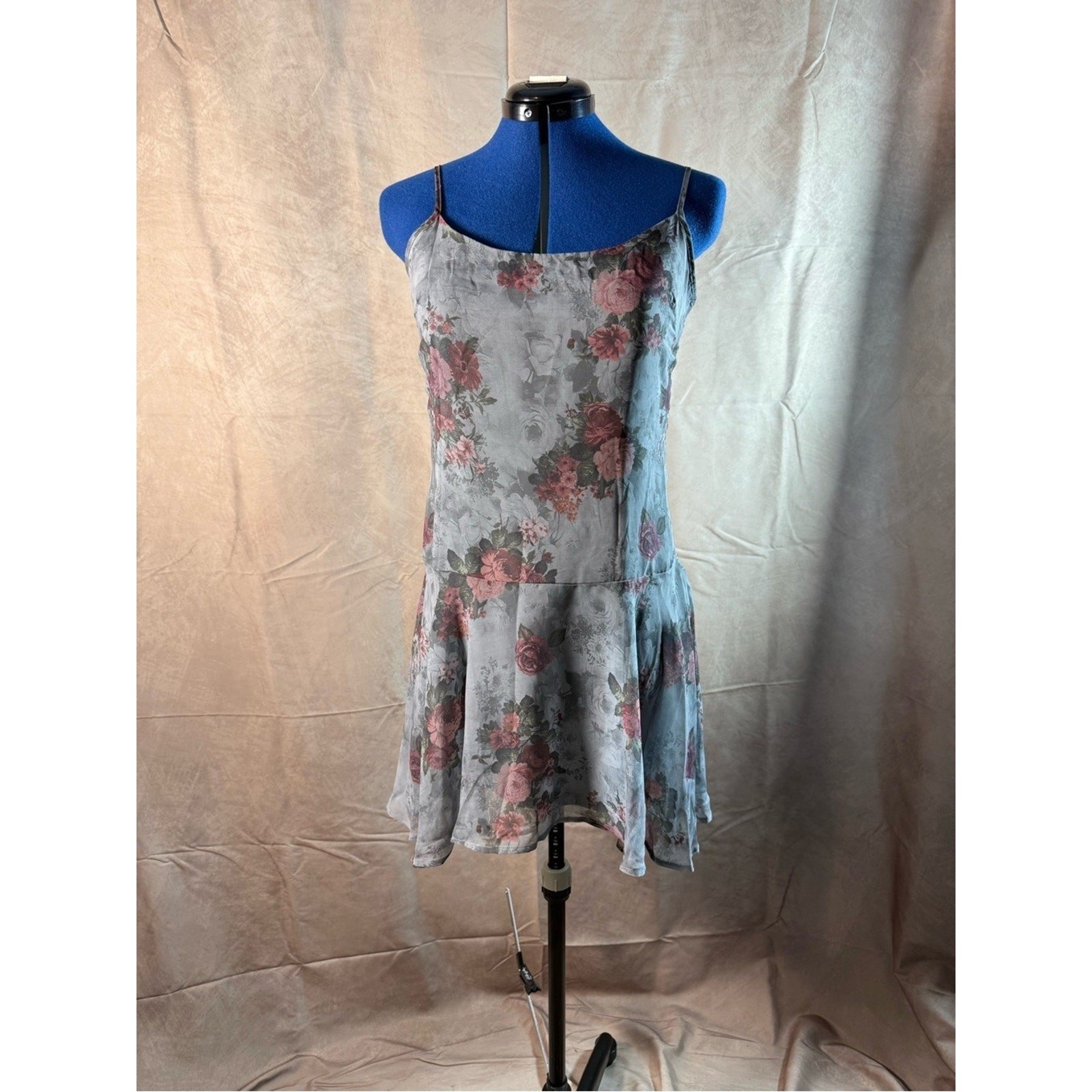 333-Madden Girl Dusty Blue Mini Dress with Rose Floral Print