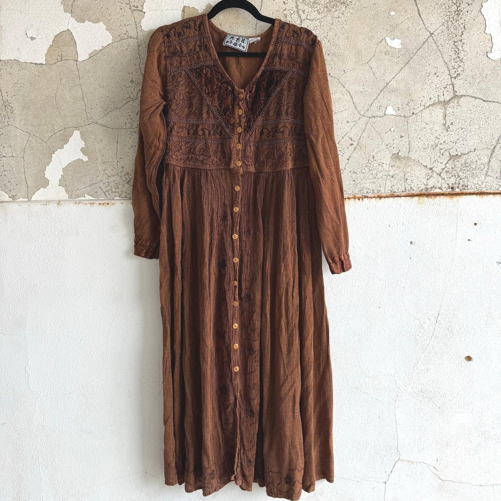 Vintage 90s Maxi Dress Embroidered Rayon Long Sleeve Tie Back Boho Prairie L