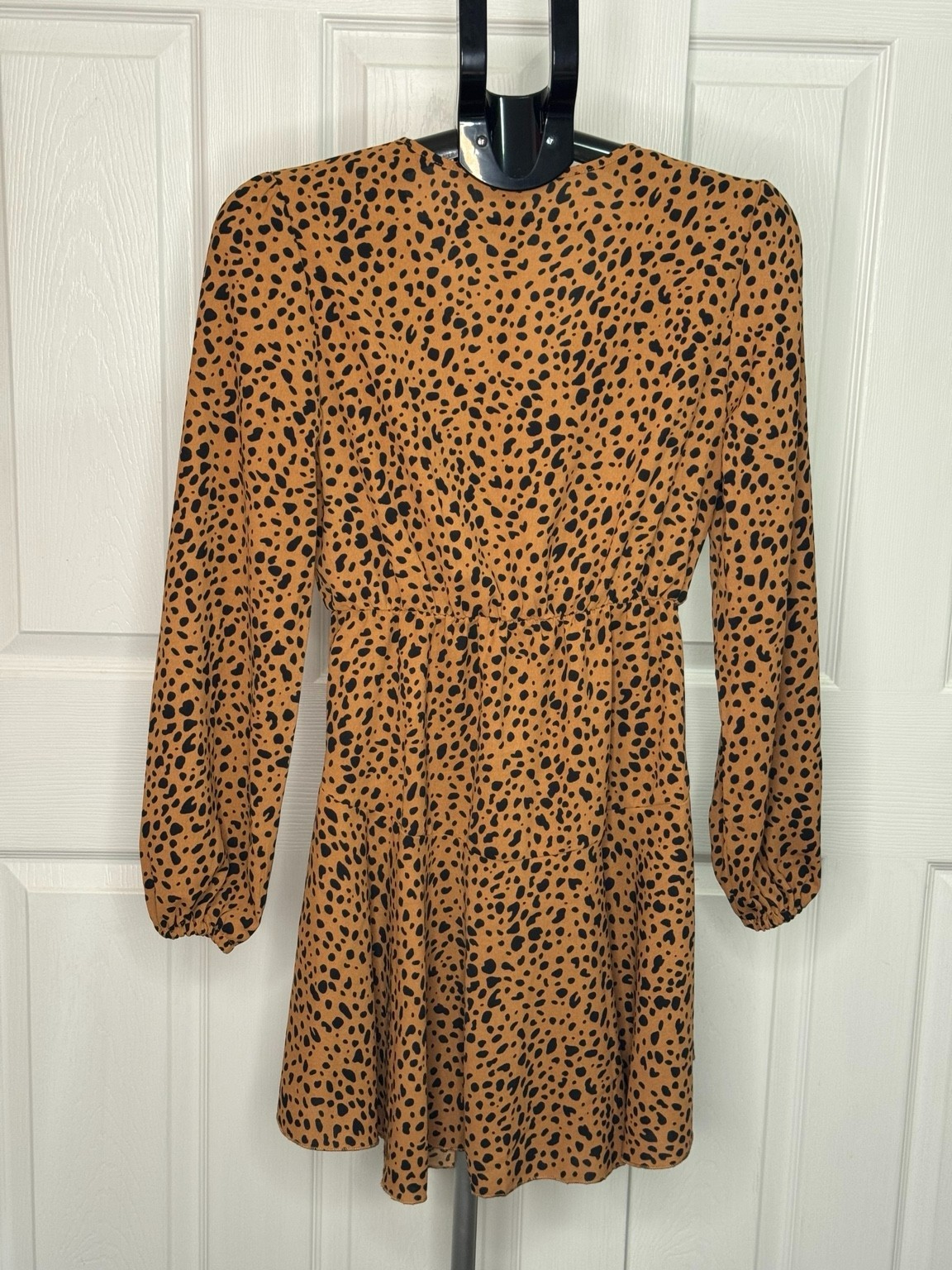 SHEIN Womens Small Leopard Print Mini Dress Long Sleeve Drawstring Waist Boho