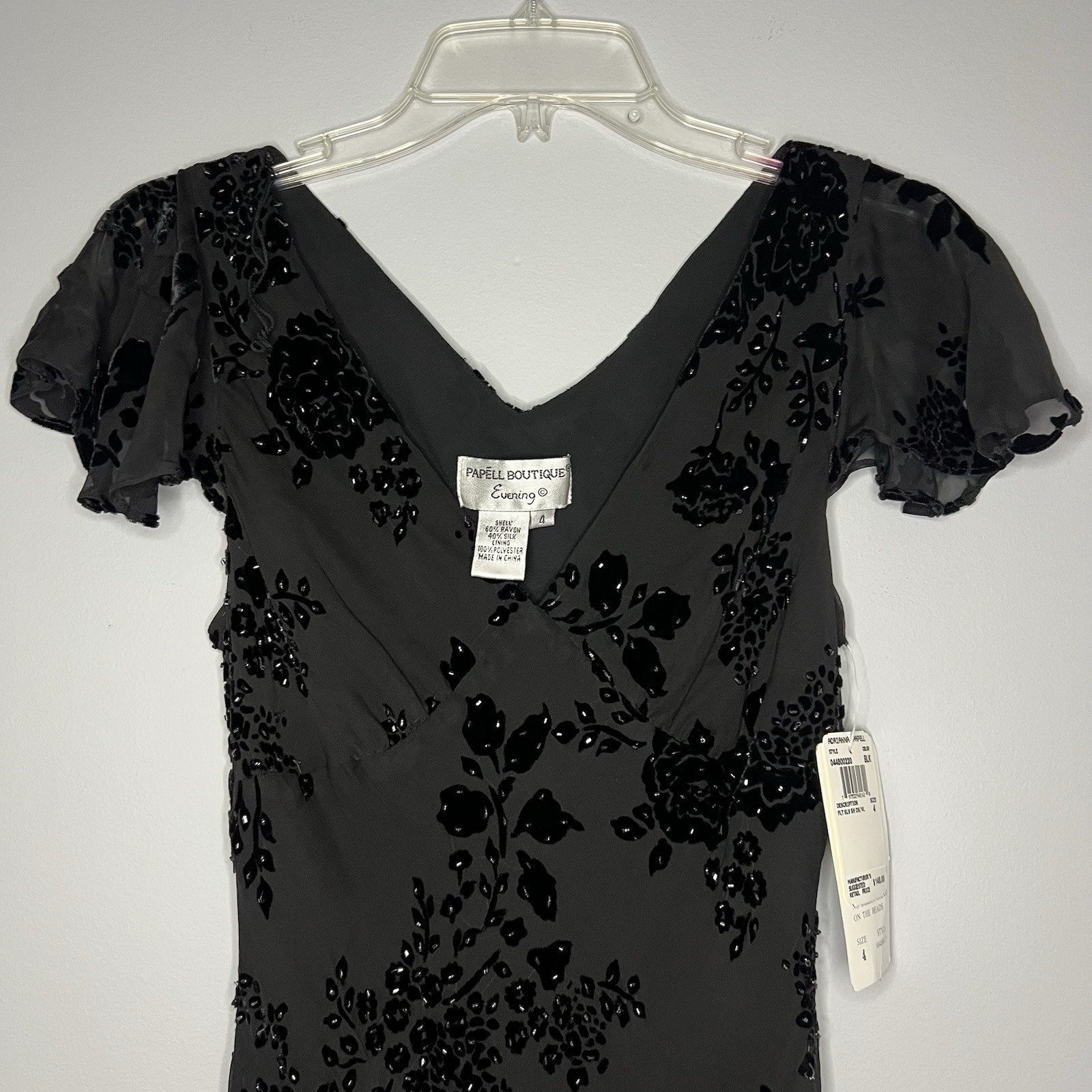 Papell Boutique Evening Dress Size 4 Velvet Silk Black Beaded Cocktail Party