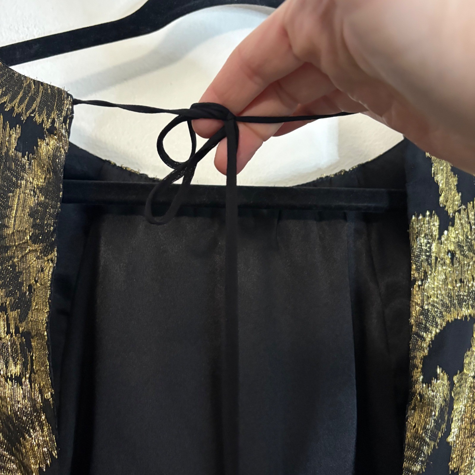 Milly New York Black Gold Metallic Silk Long Sleeve Dress with Tie Back Size 6