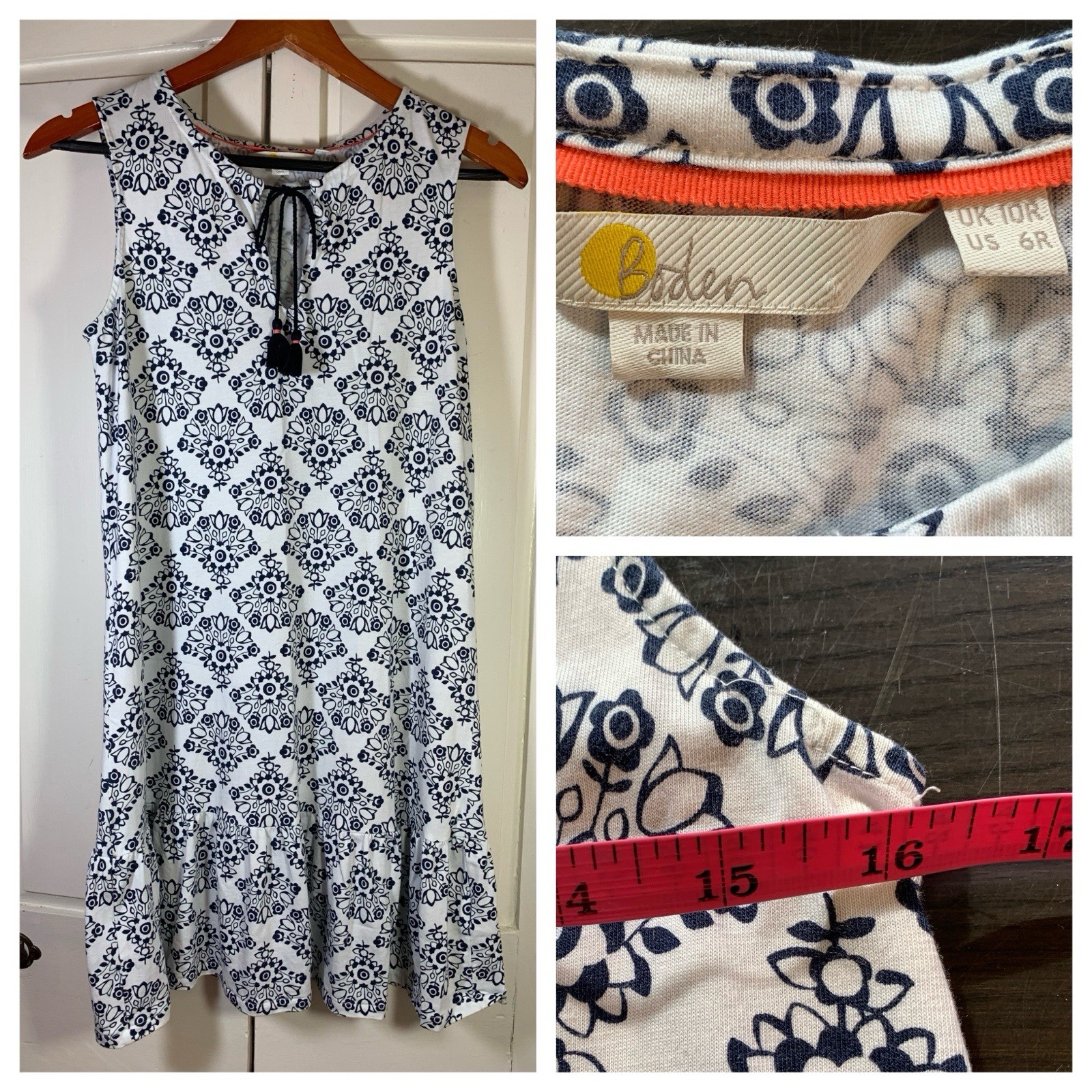 Boden Dress US6R White Blue Floral V-Neck Tassel Sleeveless Ruffle Boho Peasant