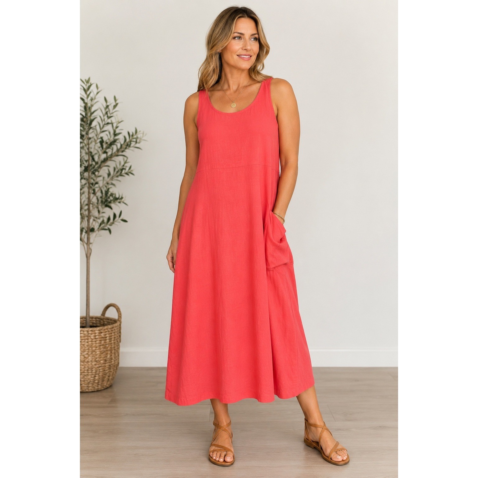 Eileen Fisher Midi Dress sz M Coral Pink Sleeveless Linen blend lagen artsy