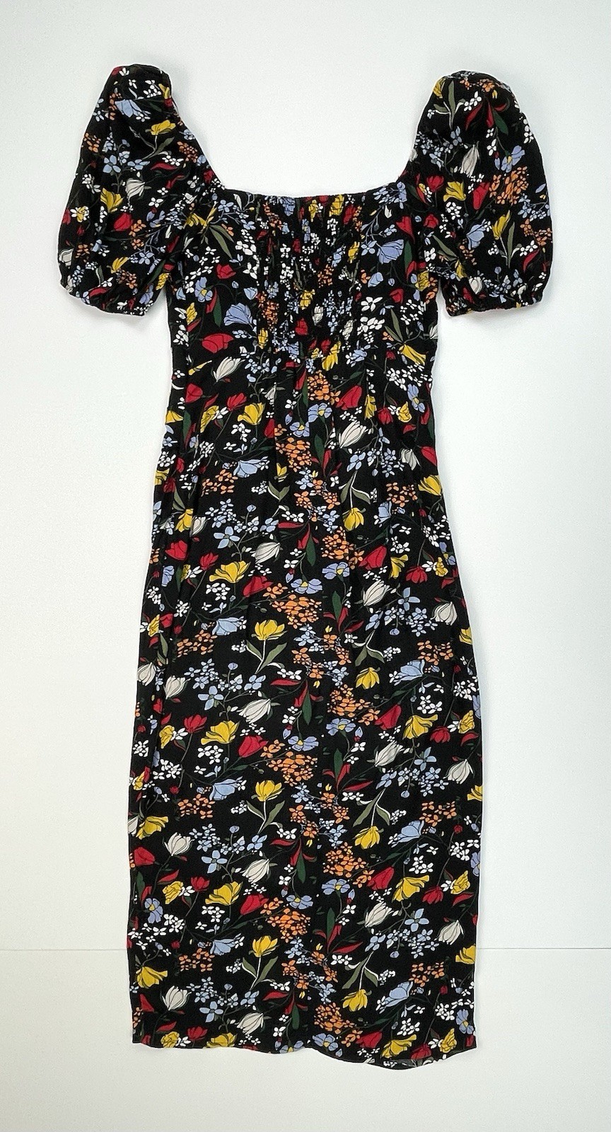 ASTR the Label Black Floral Puff Sleeve Front Slit Midi Dress S Cottage Boho