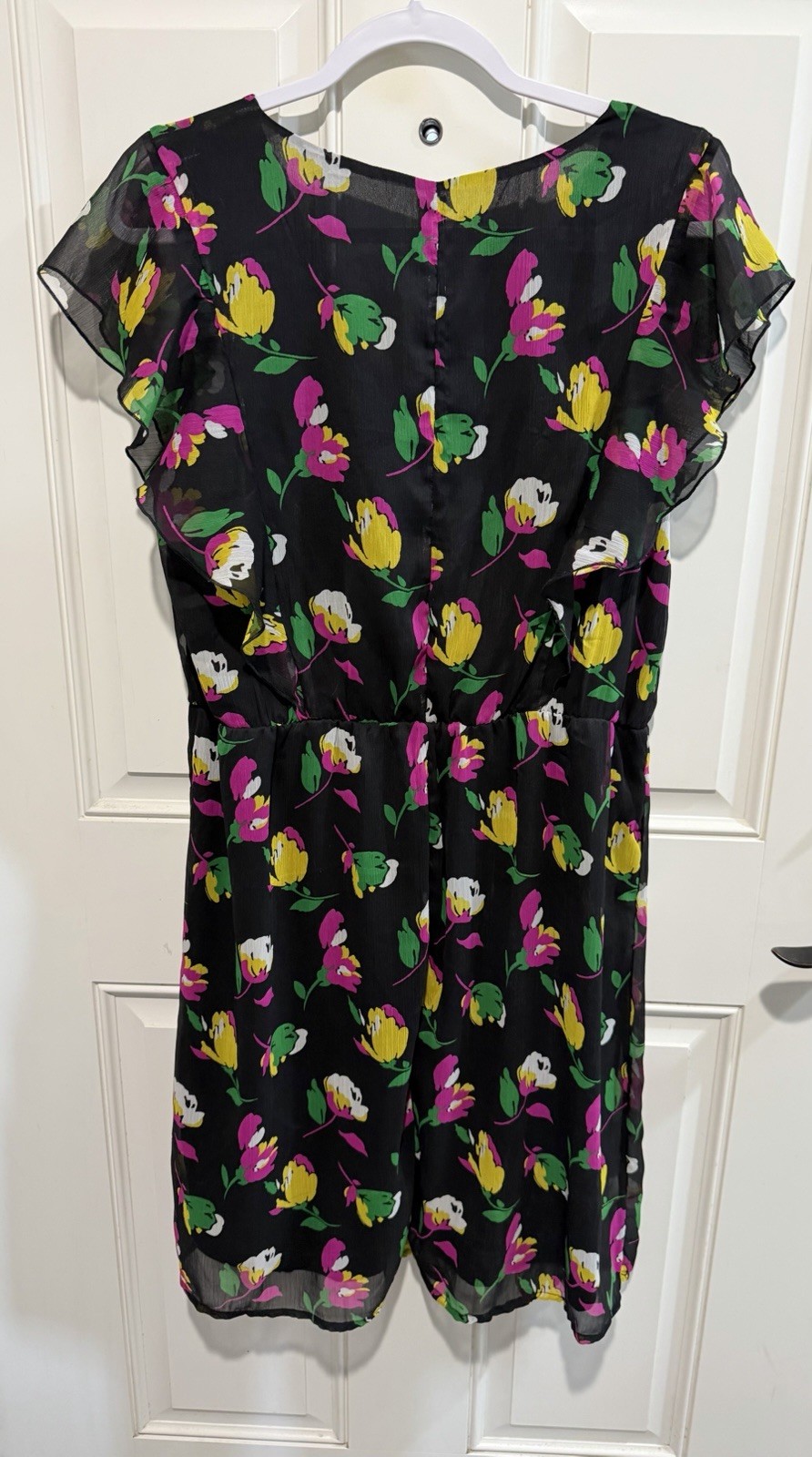Old Navy Black/Multicolor Bird Print Chiffon Rayon V-Neck Button Dress L