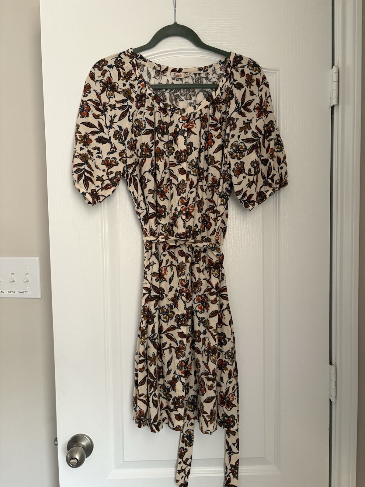 Faherty Women’s S Ivory Floral Linen V-Neck Puff Sleeve Tie Waist A-Line Dress