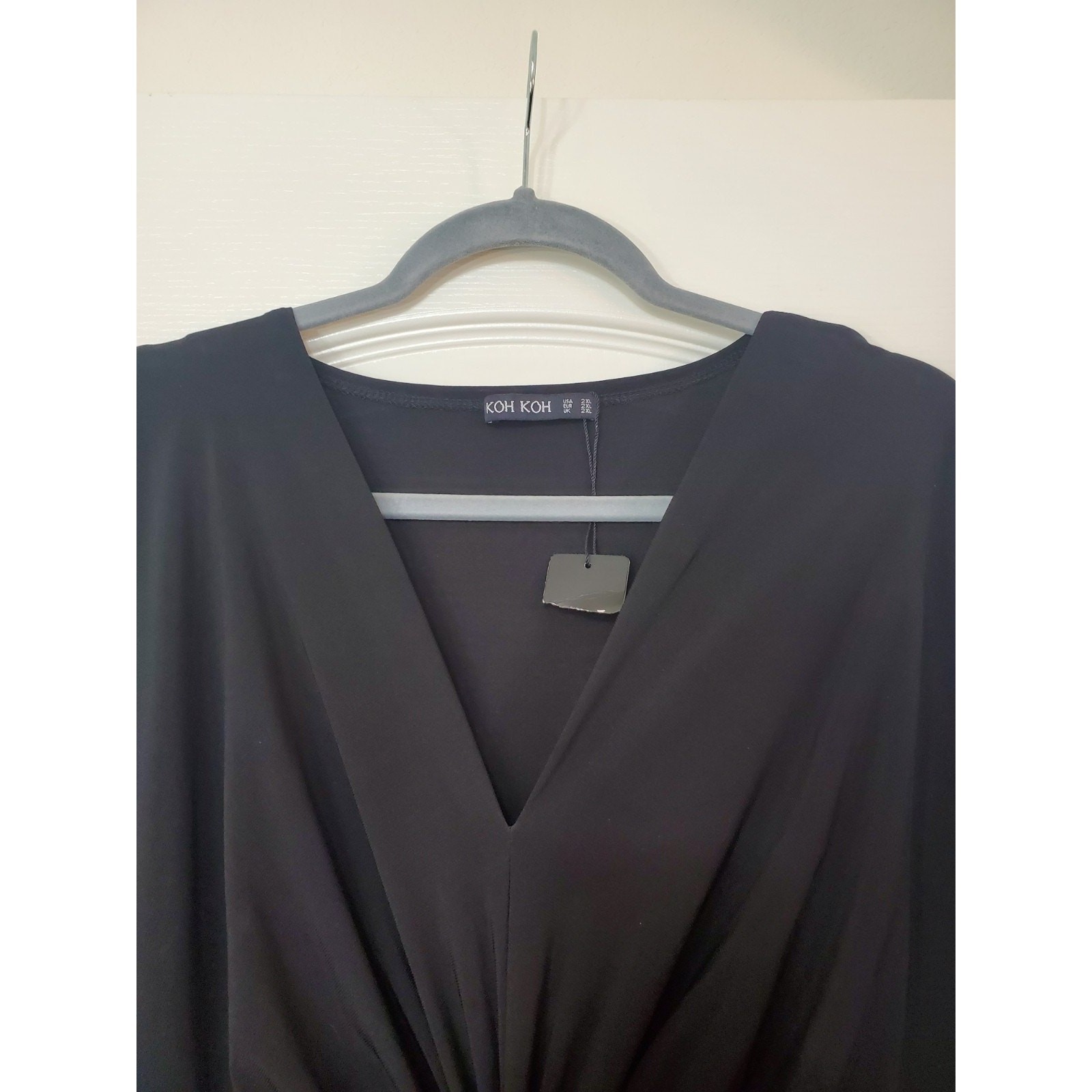 Koh Koh Black V-Neck Front Knot Slimming Side Slit Maxi Dress NWT, Plus Size 2XL