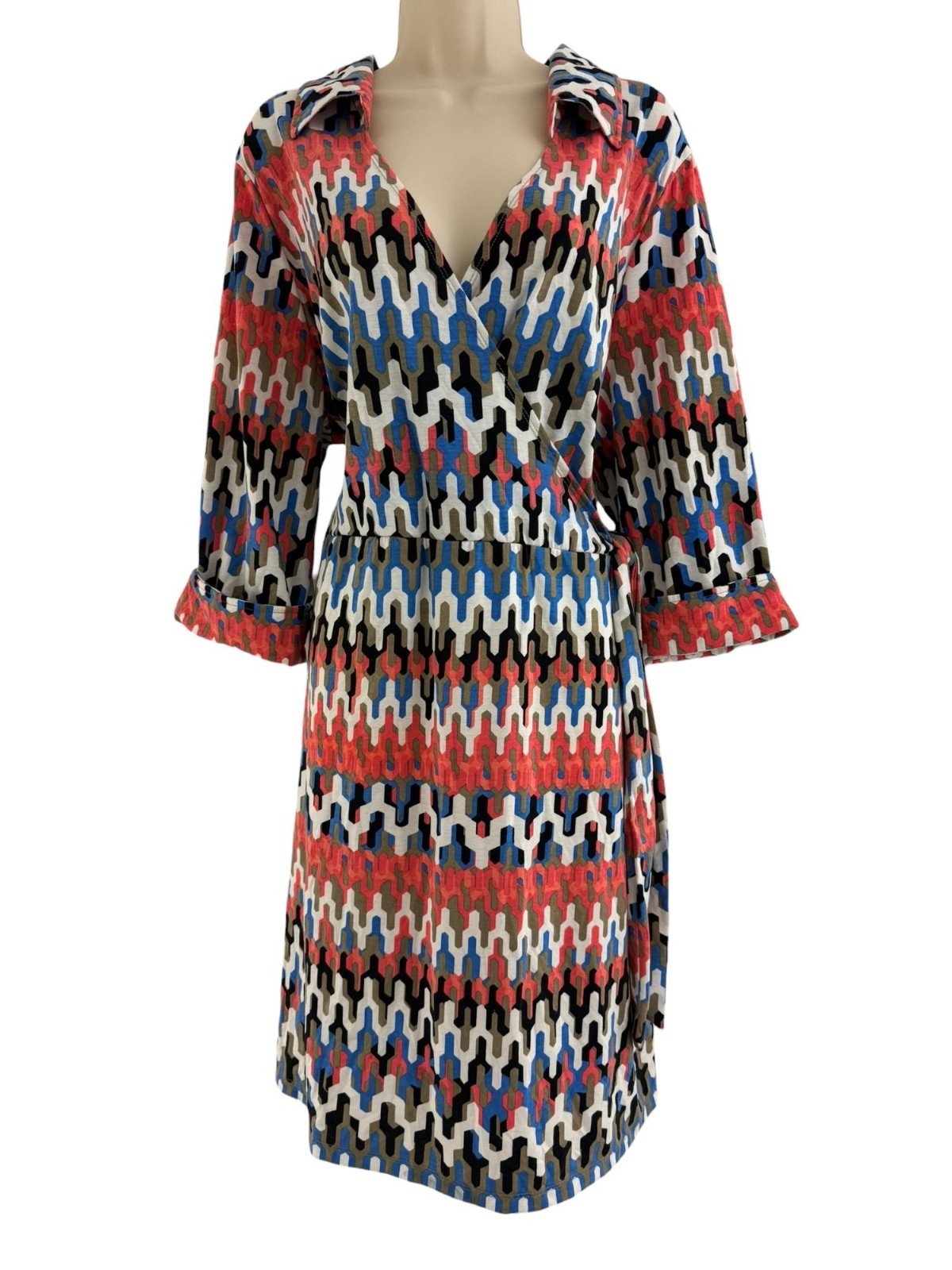Coral Blue Jigsaw Print New Faux-Wrap Dress w/Tie Size 2X Plus Knit All-Season