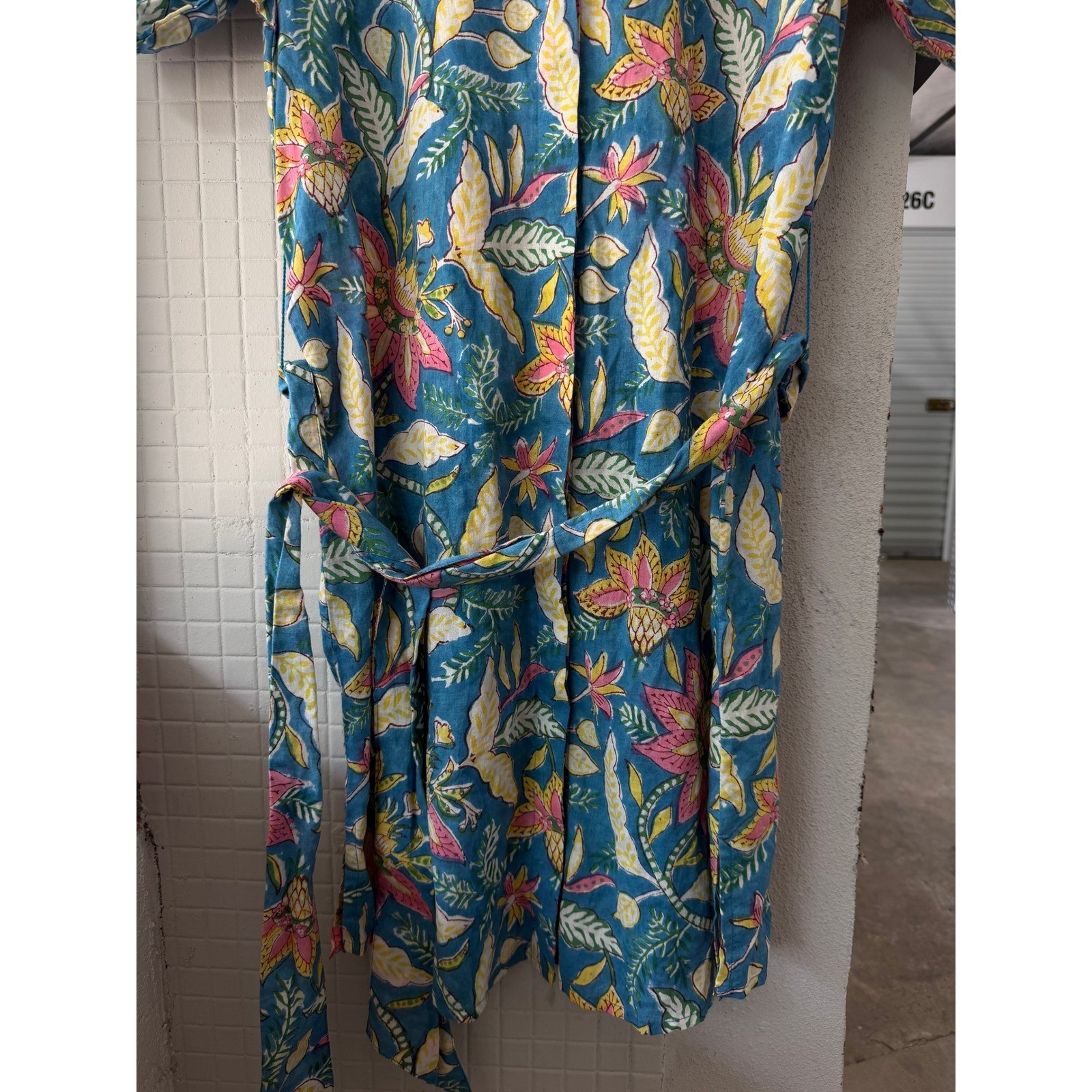 Fitzroy & Willa Blue Tropical Floral Cotton Shirt Dress XS Belted Short Sleeve