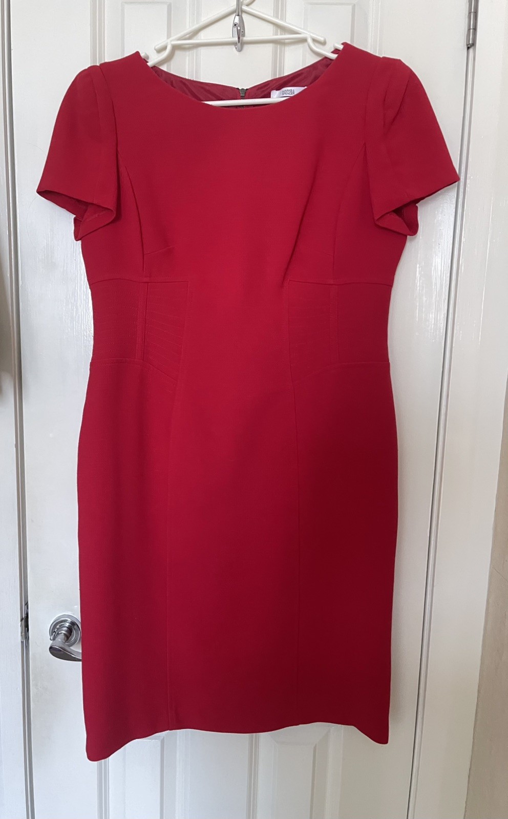 M&S Red, lined flattering pencil dress. Winter Weight. UK/AU 14, US 10.