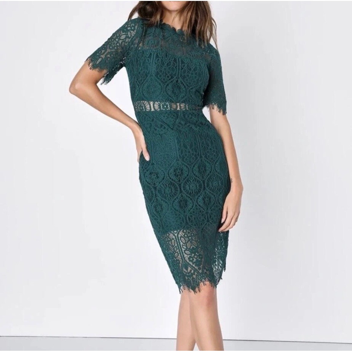 Lulus Remarkable Forest Green Lace Short Sleeve Midi Dress M Sheer Knee Length