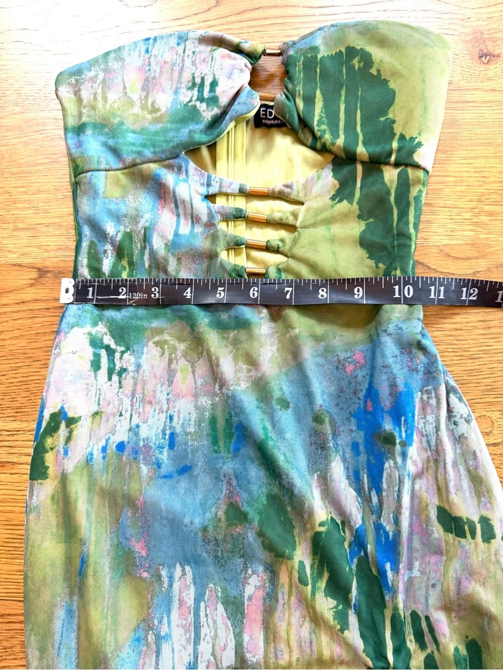 Edge Strapless Maxi Dress Abstract Green Blue Print Ruffle Slit Size S