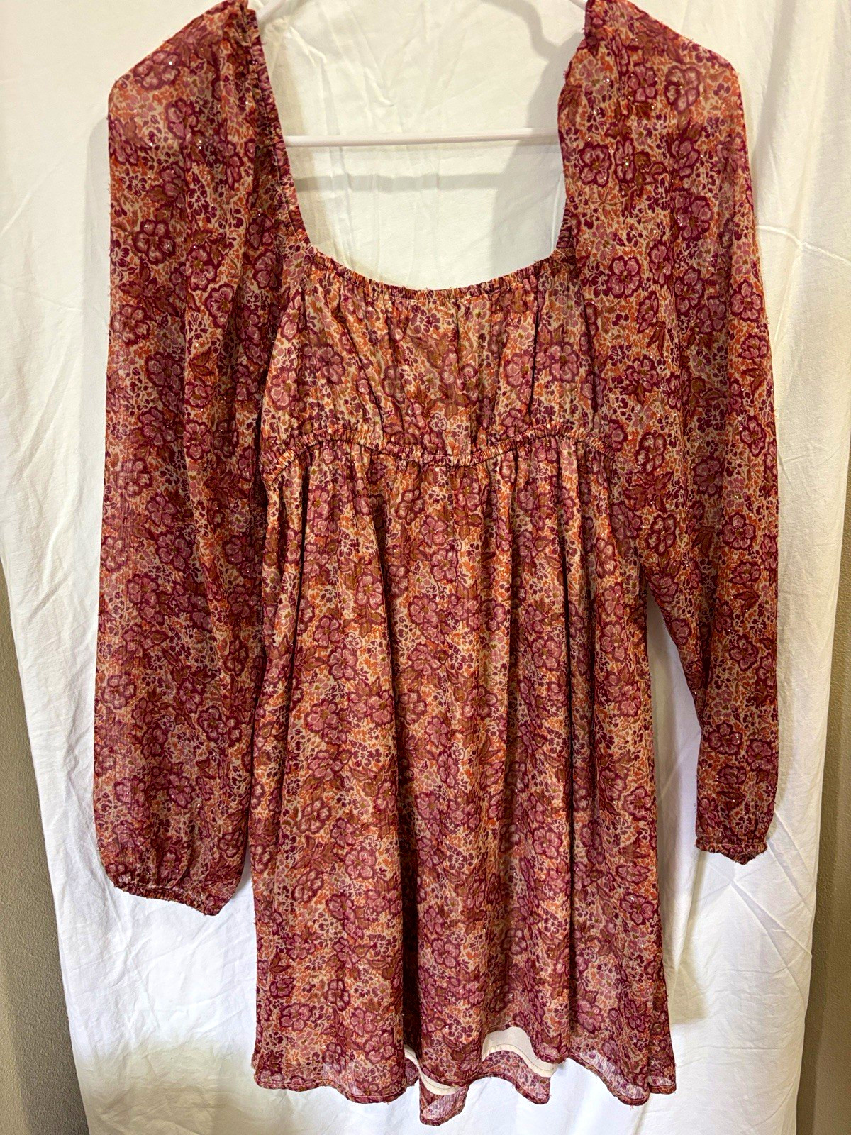 American Eagle Women’s Mini Dress Floral Square Neck Long Sleeve Pink M