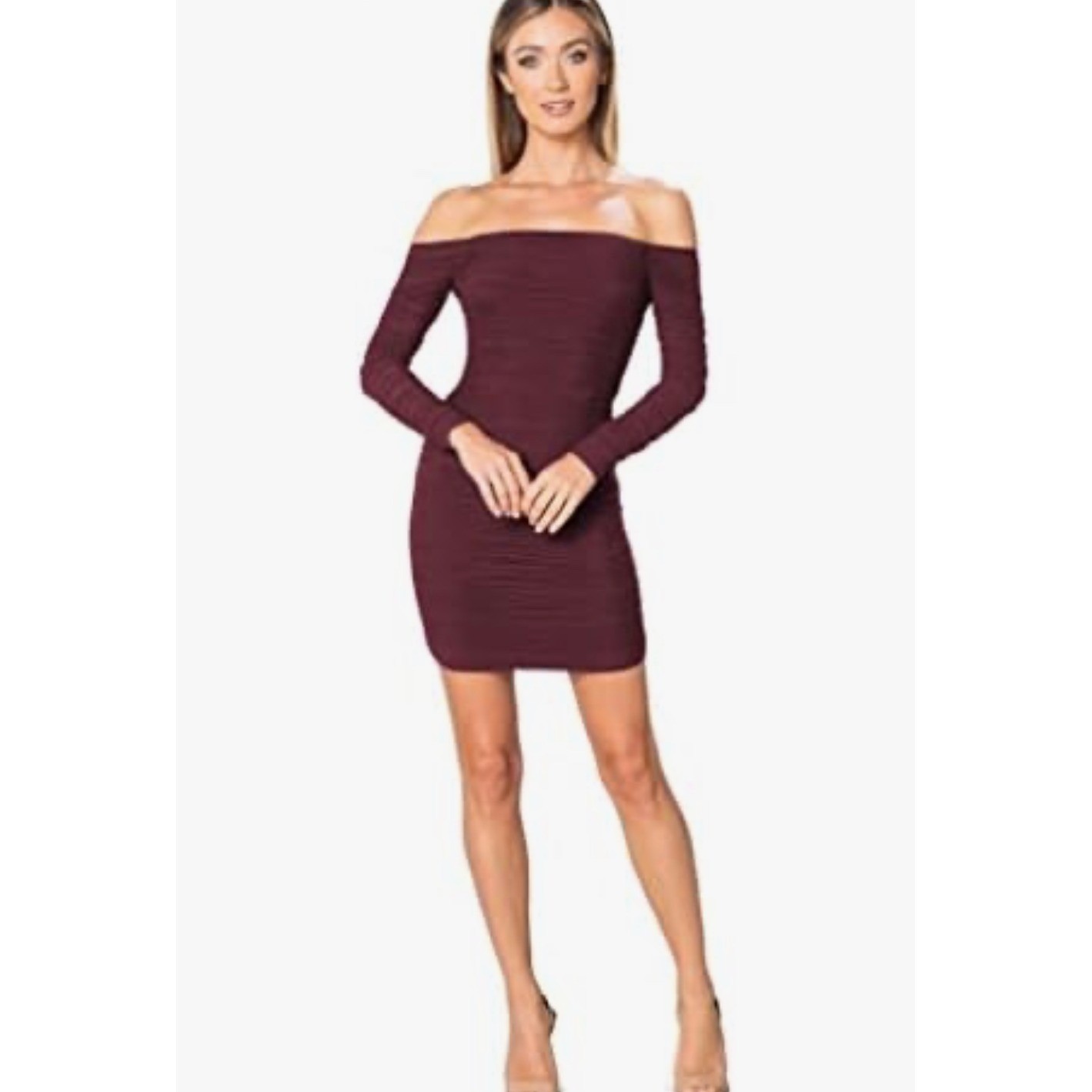 Dress the Population Dawn Burgundy Ruched Mesh Mini Dress Long Sleeve Size L