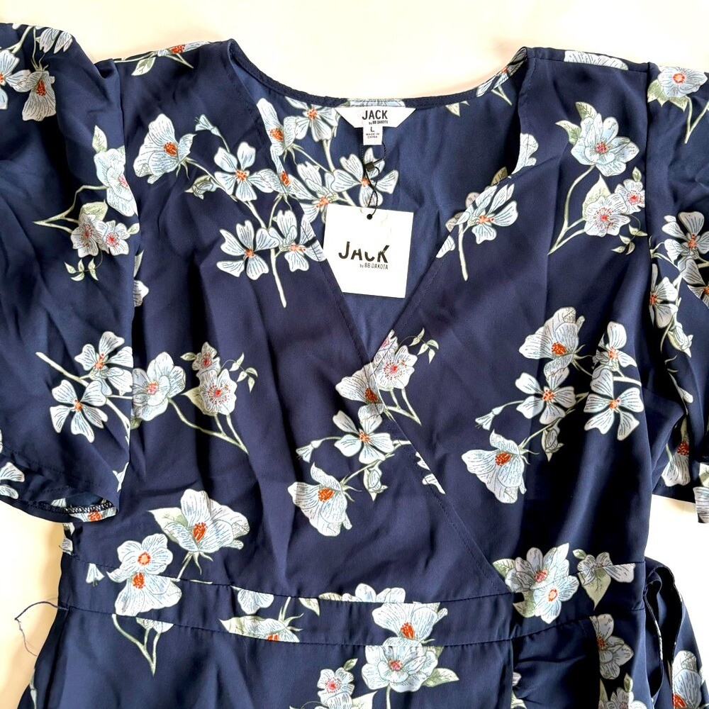Jack BB Dakota Women’s Large Navy Floral Dress Flutter Sleeves Mini Length Belt