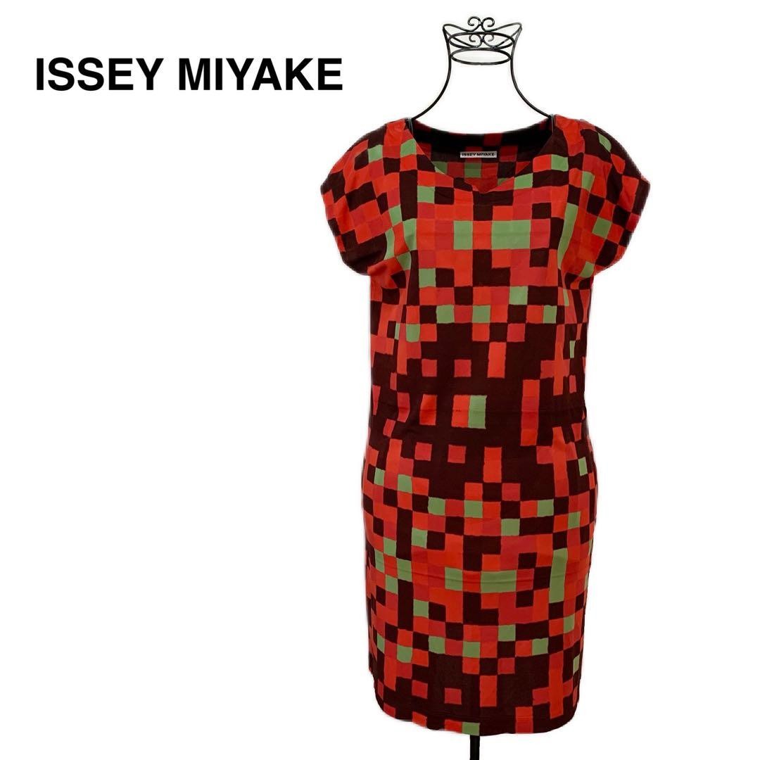 Good Condition ISSEY MIYAKE French Sleeve Block Check One Piece Dress