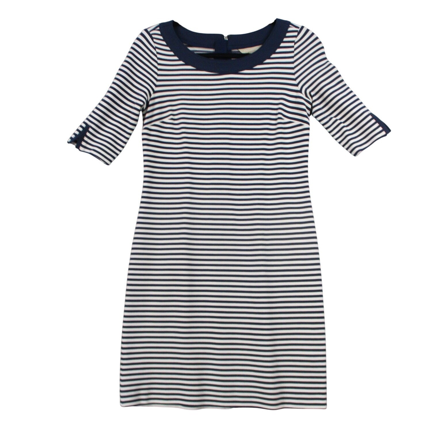 Nautical Navy White Striped Sheath Dress Elbow Sleeve Scoop Neck Textured Knit
