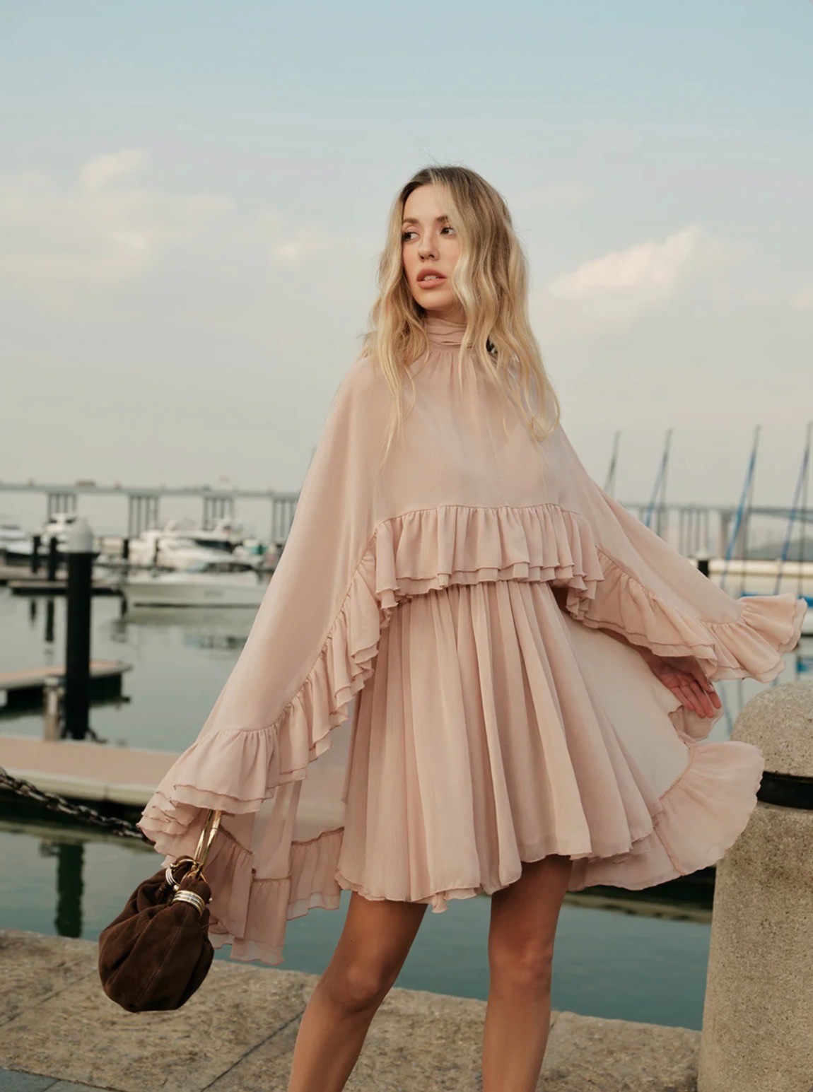 Commense Semi-Sheer Chiffon Ruffle 2PCS Dress with Capet Set Size L