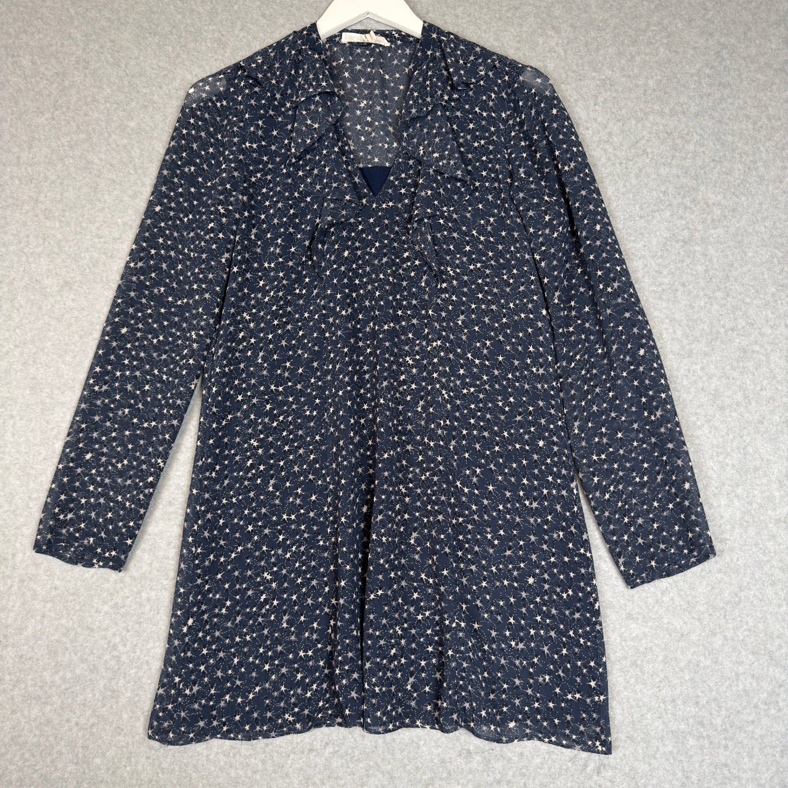 BCBGeneration Size S Navy Star Print Sheer Long Sleeve V Neck Mini Dress
