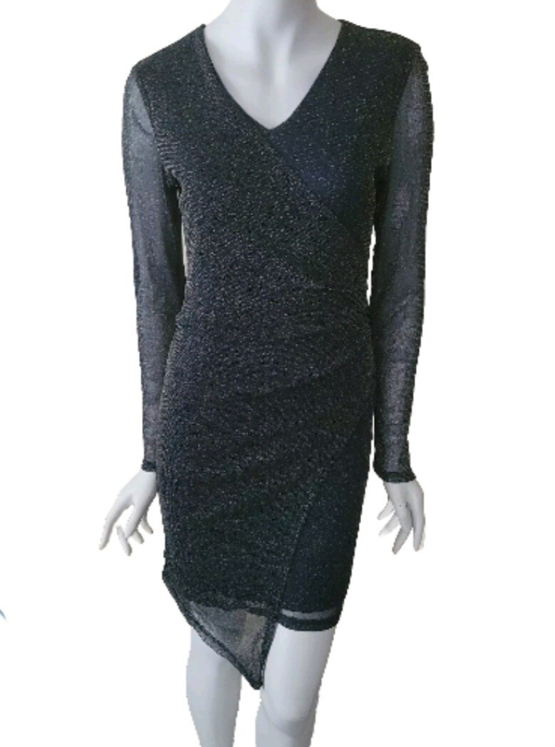 Long Sleeve Dark Teal Dress Sheer Overlay Faux Wrap Sparkle Large