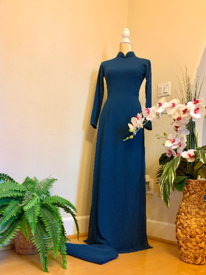 Blue Ao Dai Chiffon Double Layer Vietnamese Long Dress with Matching Pants G62