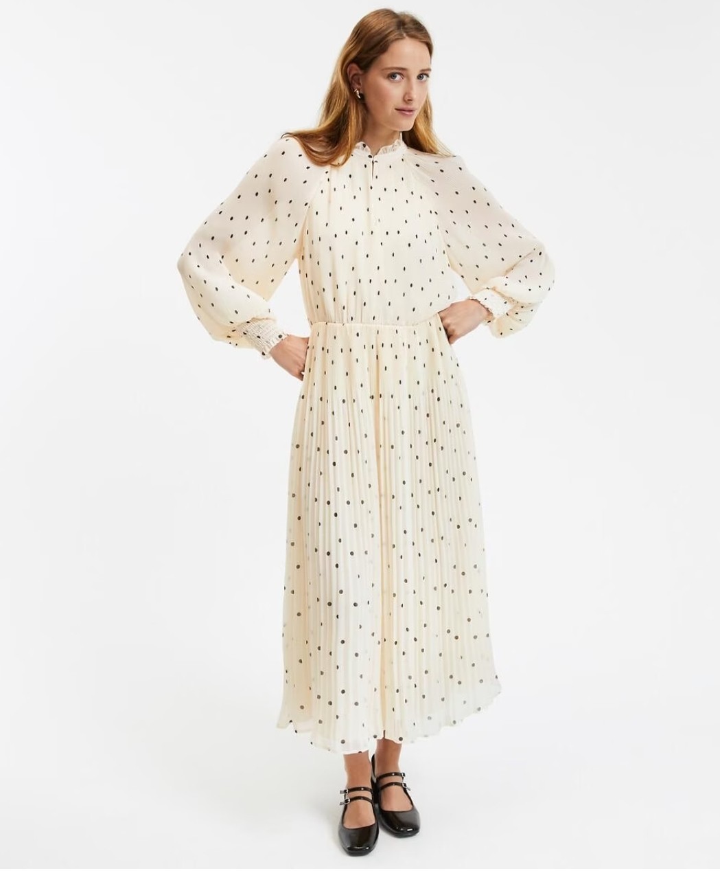La Redoute Polka Dot Midaxi Dress With Ruffled Neckline Cream Ivory Size 8