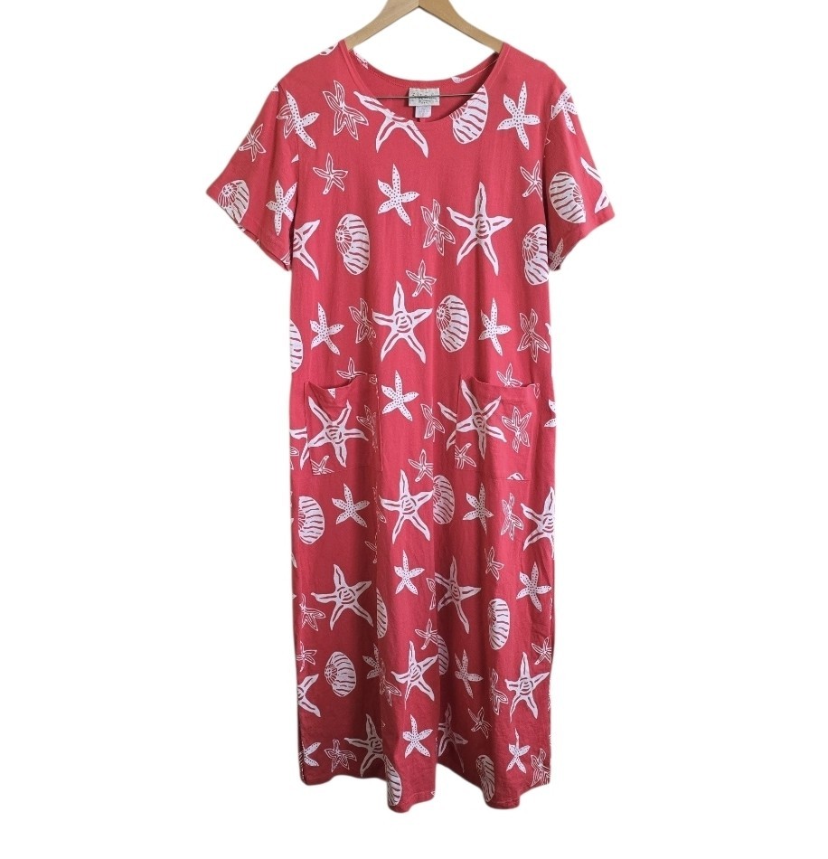 Vintage Fresh Cotton Shell Starfish Beach Maxi Dress With Pockets. Size Large