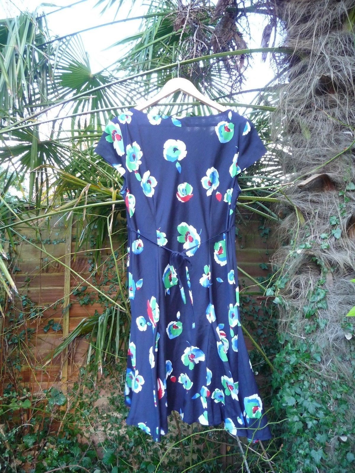 PER UNA EMP.LINE RUFFLE VNECK+TIES NAVY DRESS-RED BLUE GREEN WHITE FLORA SIZE14M