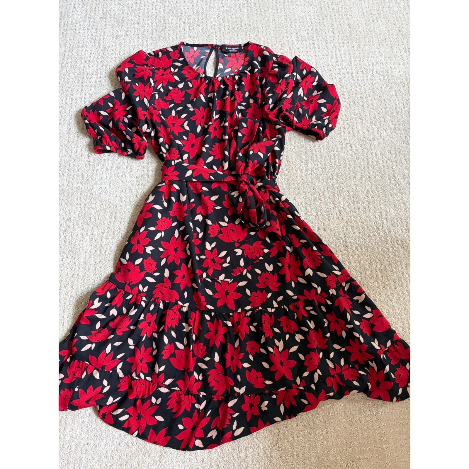 Kate Spade New York Floral Tie Waist Tiered Midi Dress Red Black XL