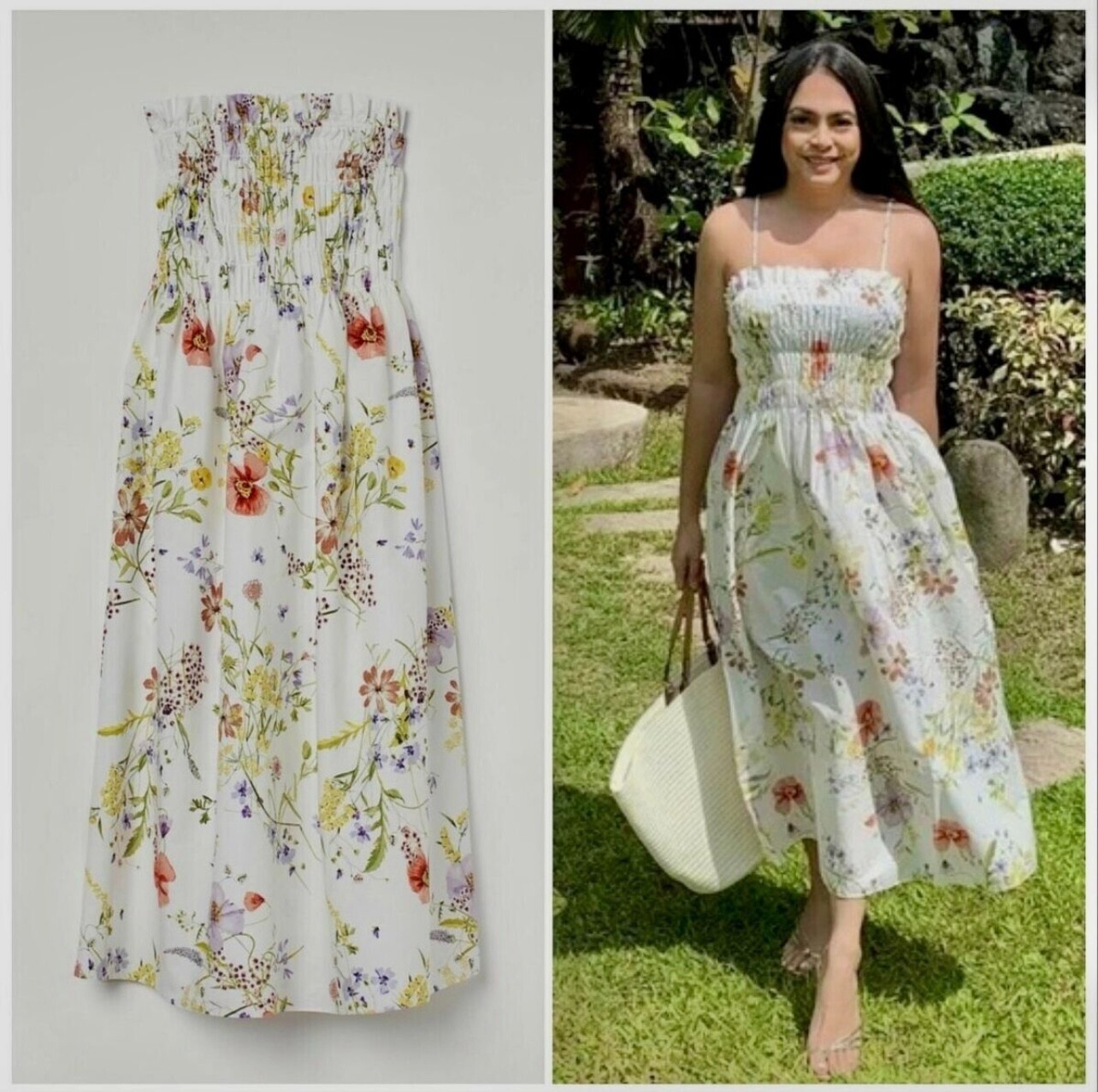 H&M HM Smocked Bandeau Dress White Floral / Light Green / White Small Flowers