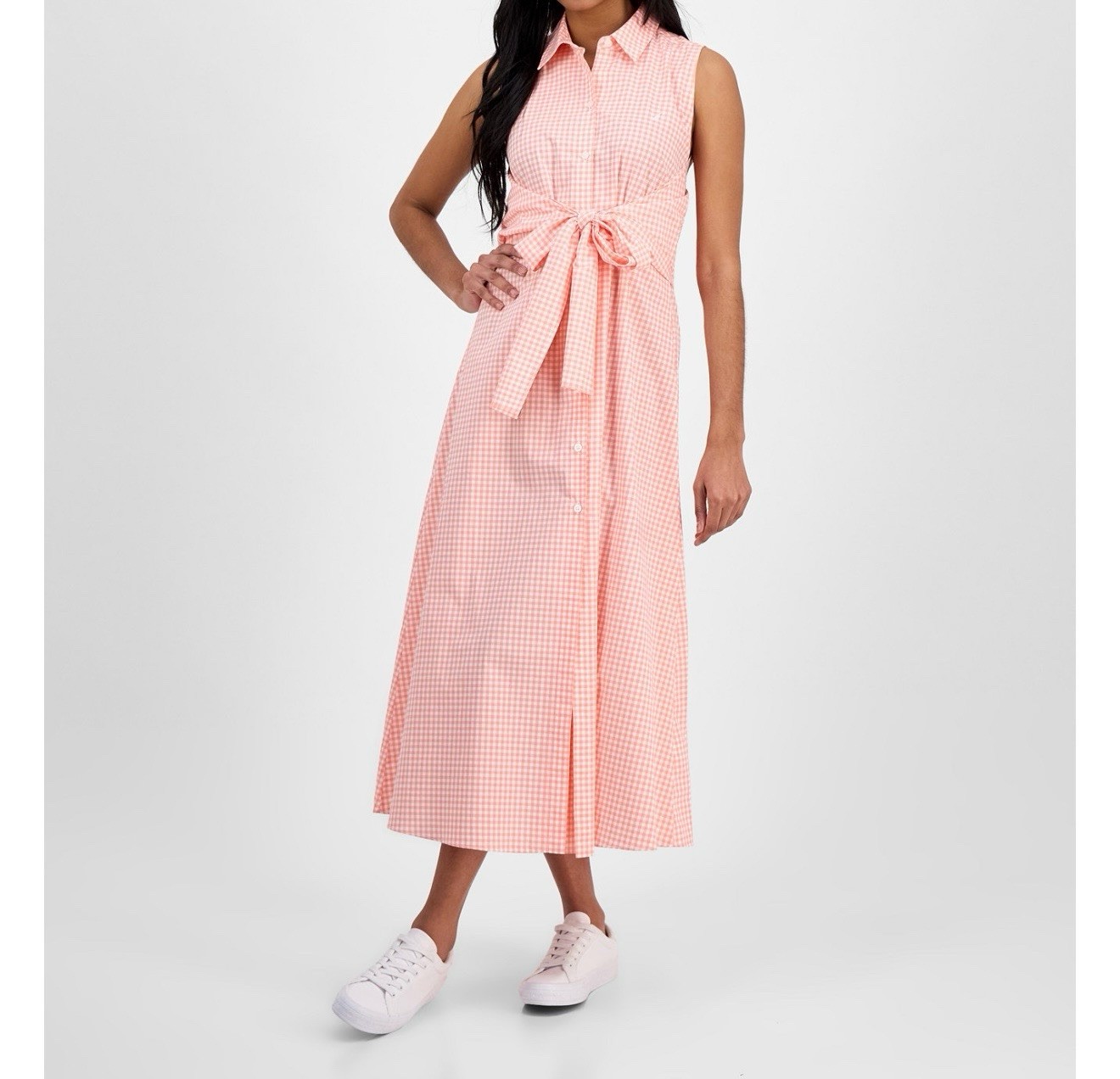 Nautica Jeans Pink/White Gingham Shirt Dress Sleeveless Collared Tie Waist M