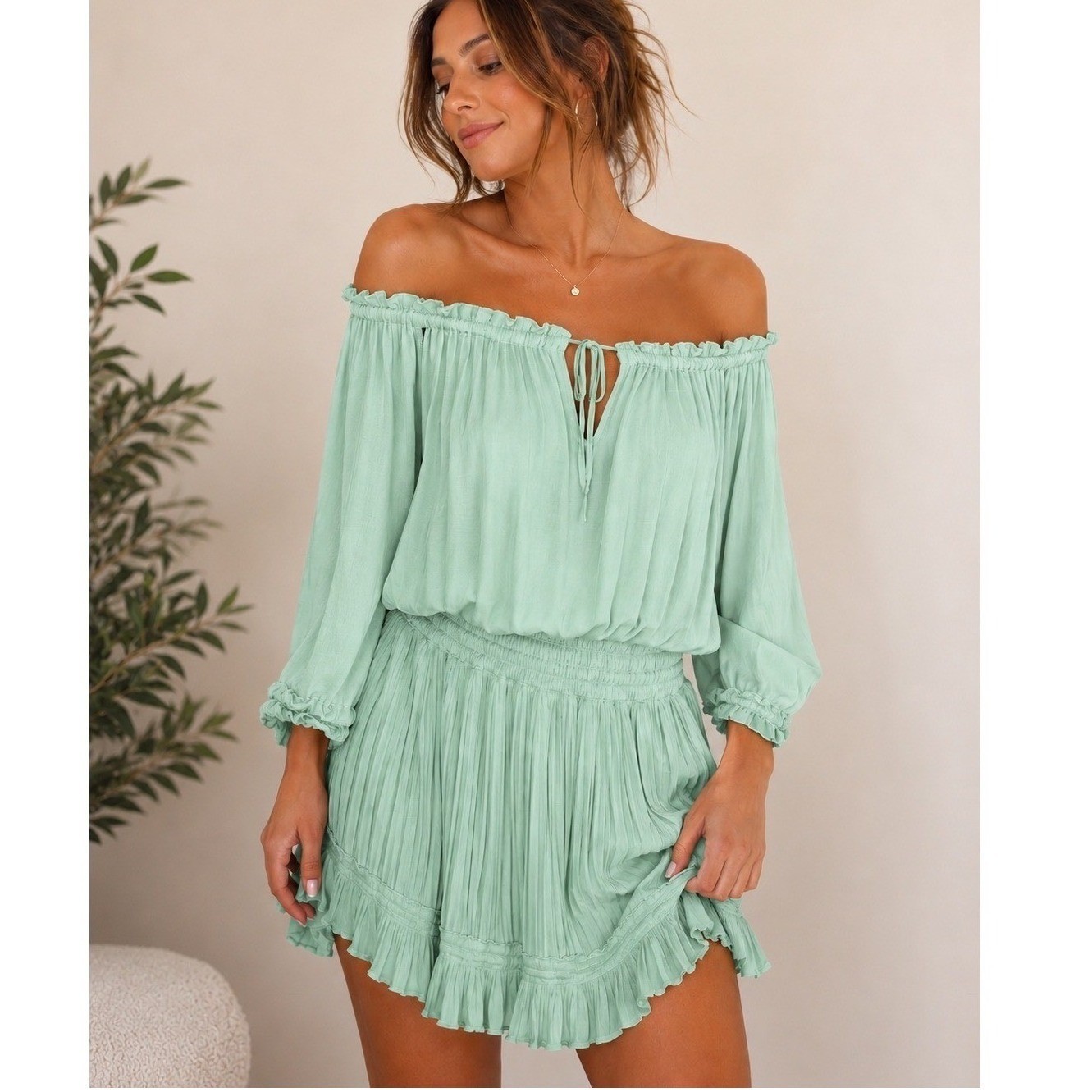 Victoria’s Secret Seafoam Green Smocked Drop Waist Pleated Dress L Boho Coquette