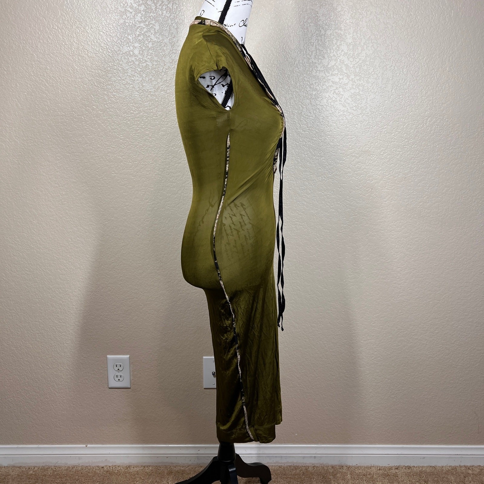 Just Cavalli by Roberto Cavalli olive dress deep lace-up plunging neckline 38